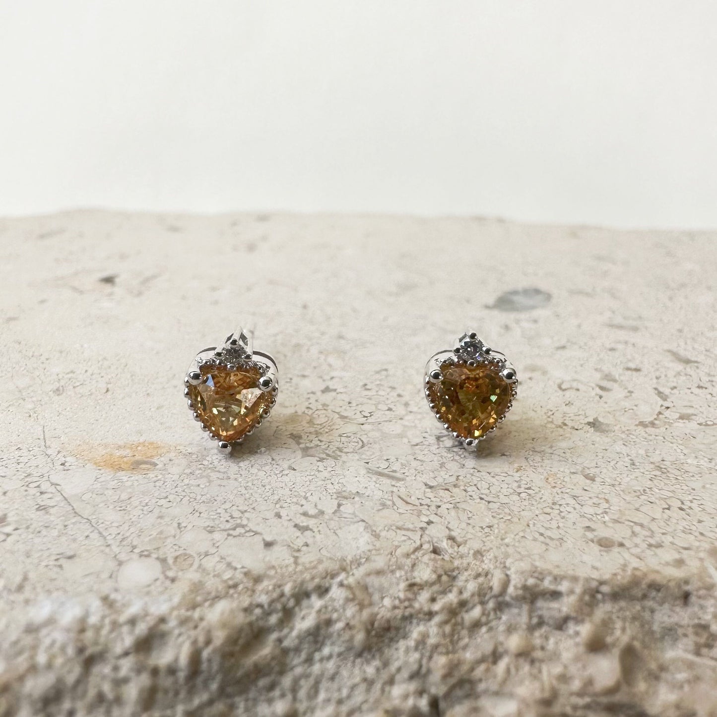 14K Solid Gold Genuine Yellow Sapphire and Diamond Heart Studs/Pair