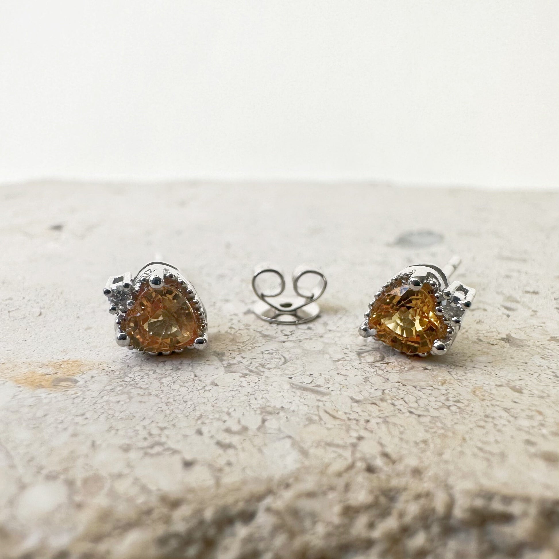 14K Solid Gold Genuine Yellow Sapphire and Diamond Heart Studs/Pair