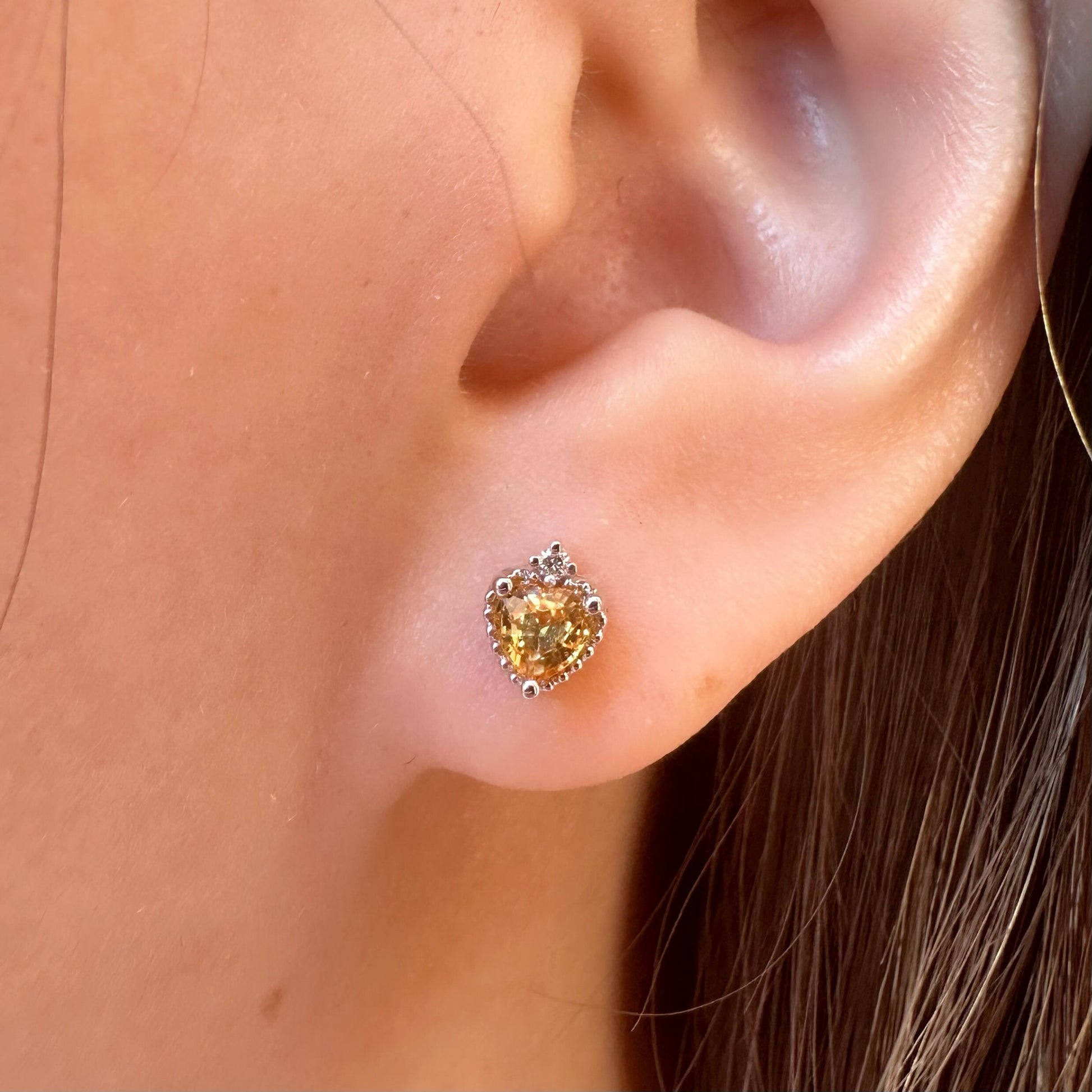 14K Solid Gold Genuine Yellow Sapphire and Diamond Heart Studs/Pair