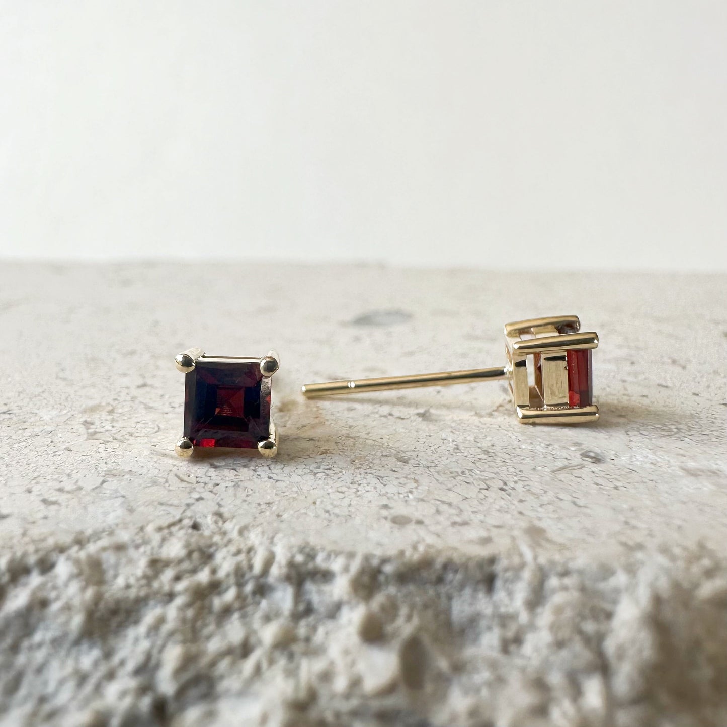 14K Solid Gold Genuine 4mm Garnet Square Studs/Pair