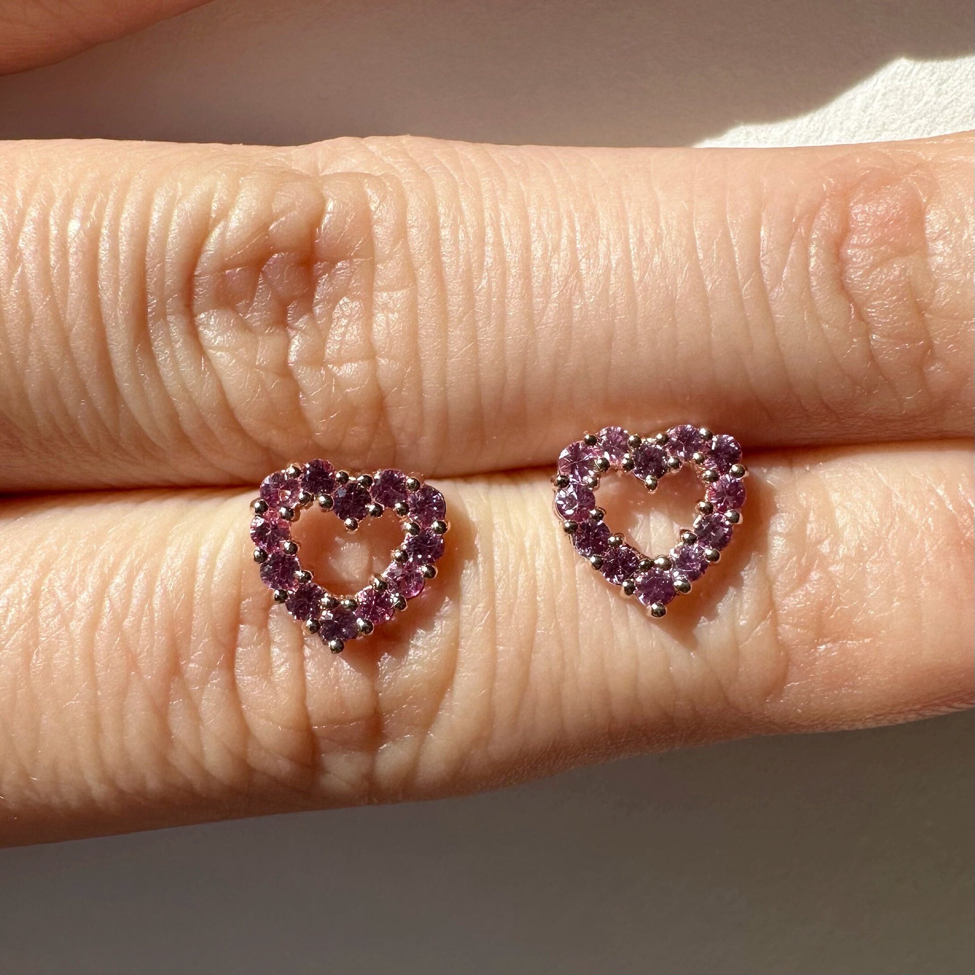 14K Solid Gold Genuine Pink Sapphire Heart Studs/Pair