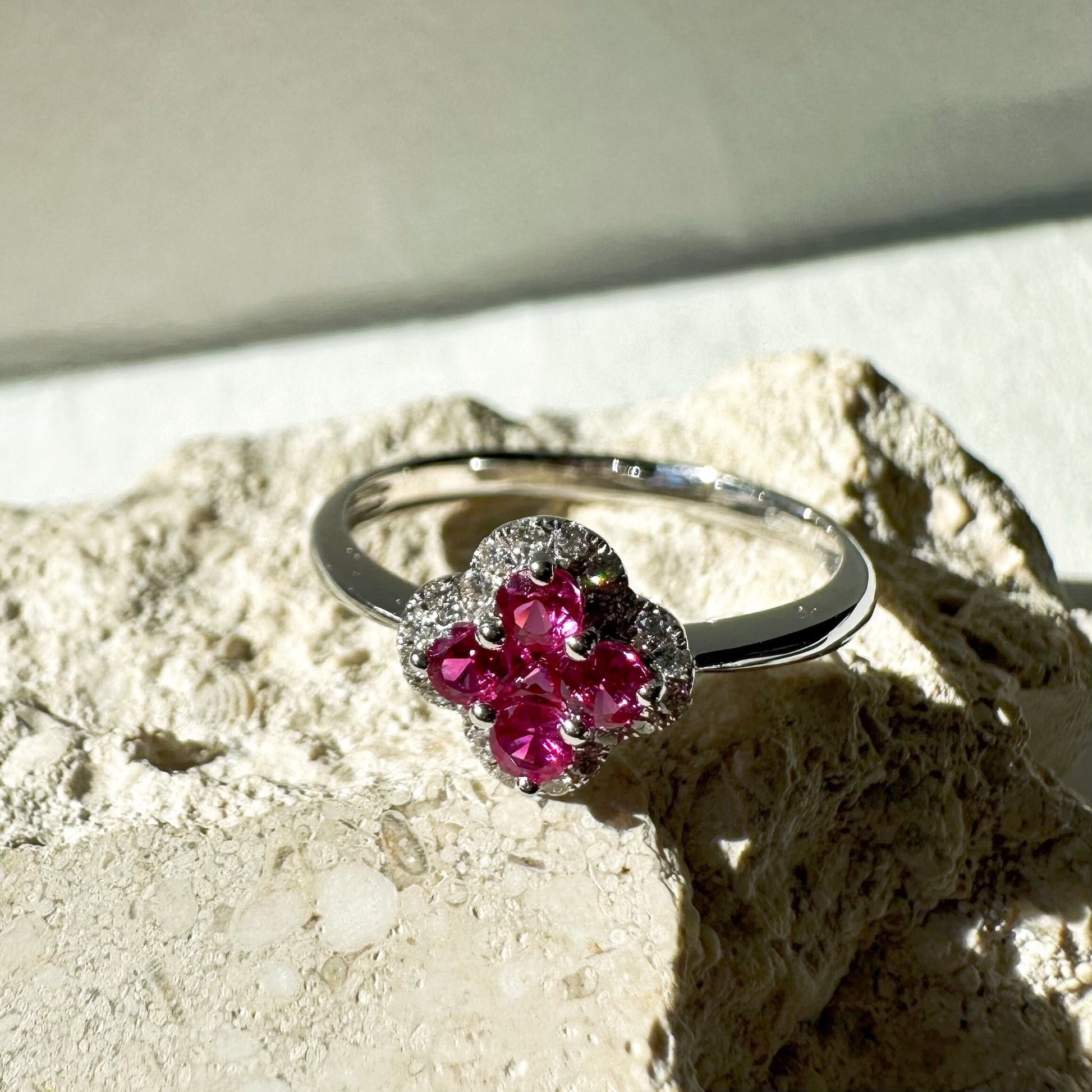 14K Solid Gold Genuine Ruby and Diamond Clover Ring