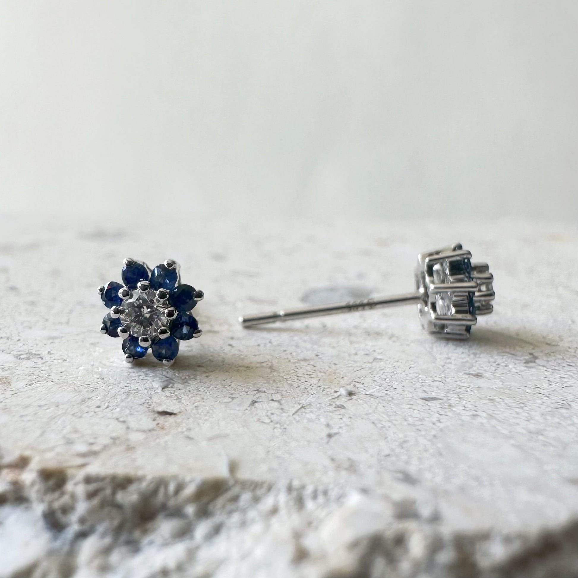 14K Solid Gold Genuine Sapphire and Diamond Flower Studs (pair)