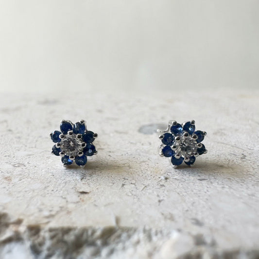 14K Solid Gold Genuine Sapphire and Diamond Flower Studs (pair)