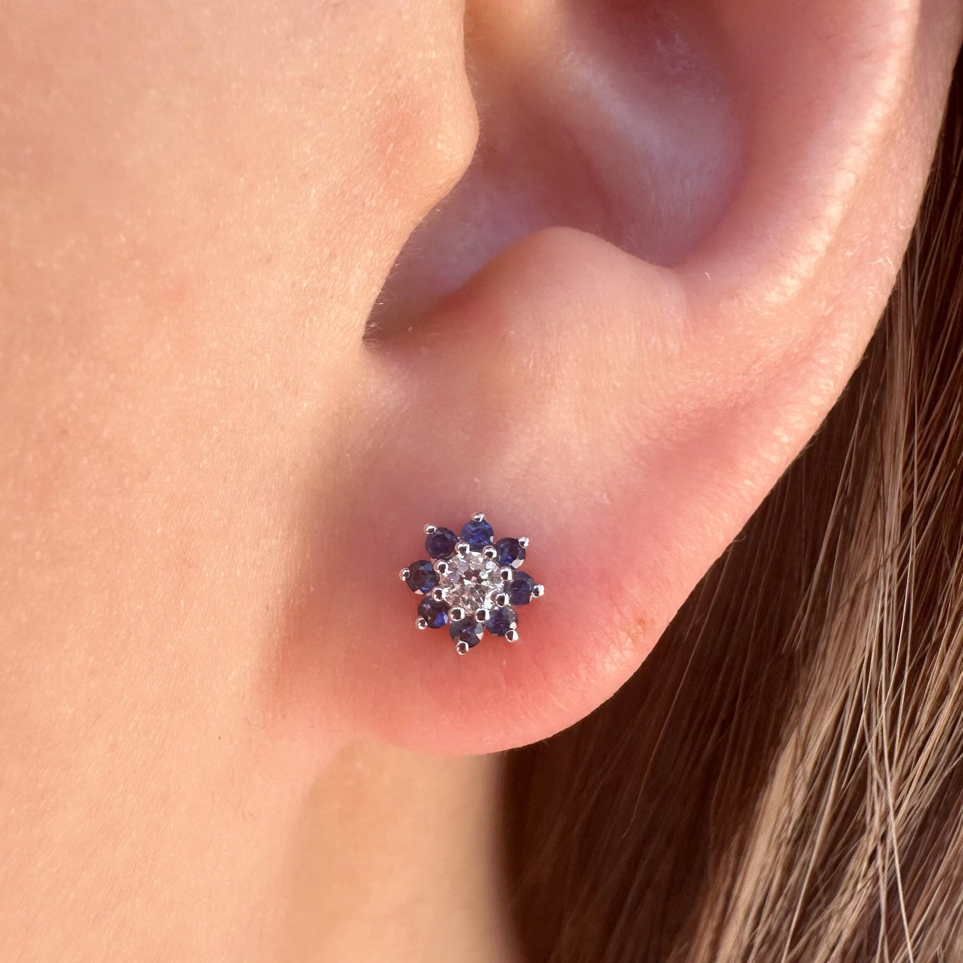 14K Solid Gold Genuine Sapphire and Diamond Flower Studs (pair)