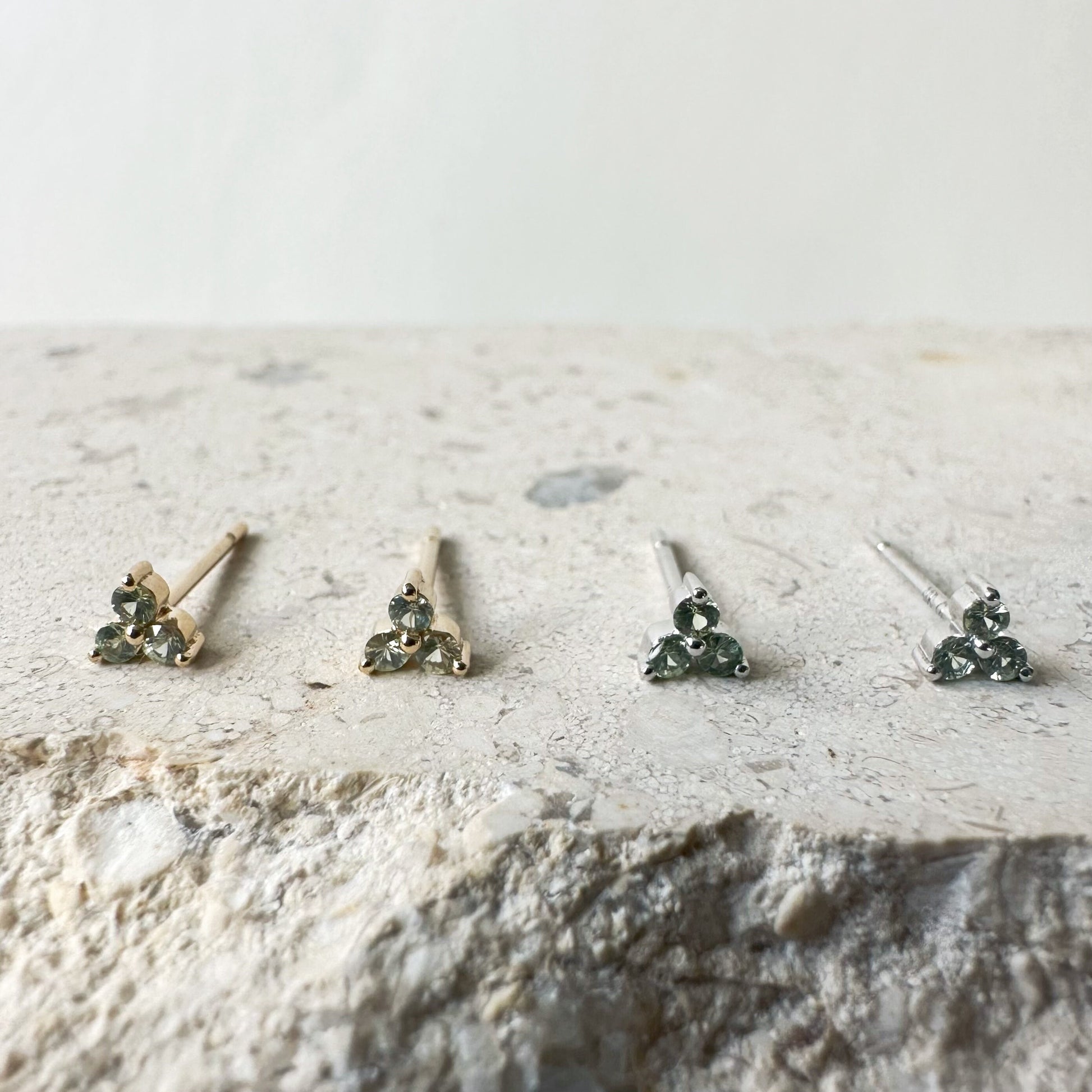 14K Solid Gold Pink/Green/Orange/Yellow Color Sapphire Trio Studs/Pair