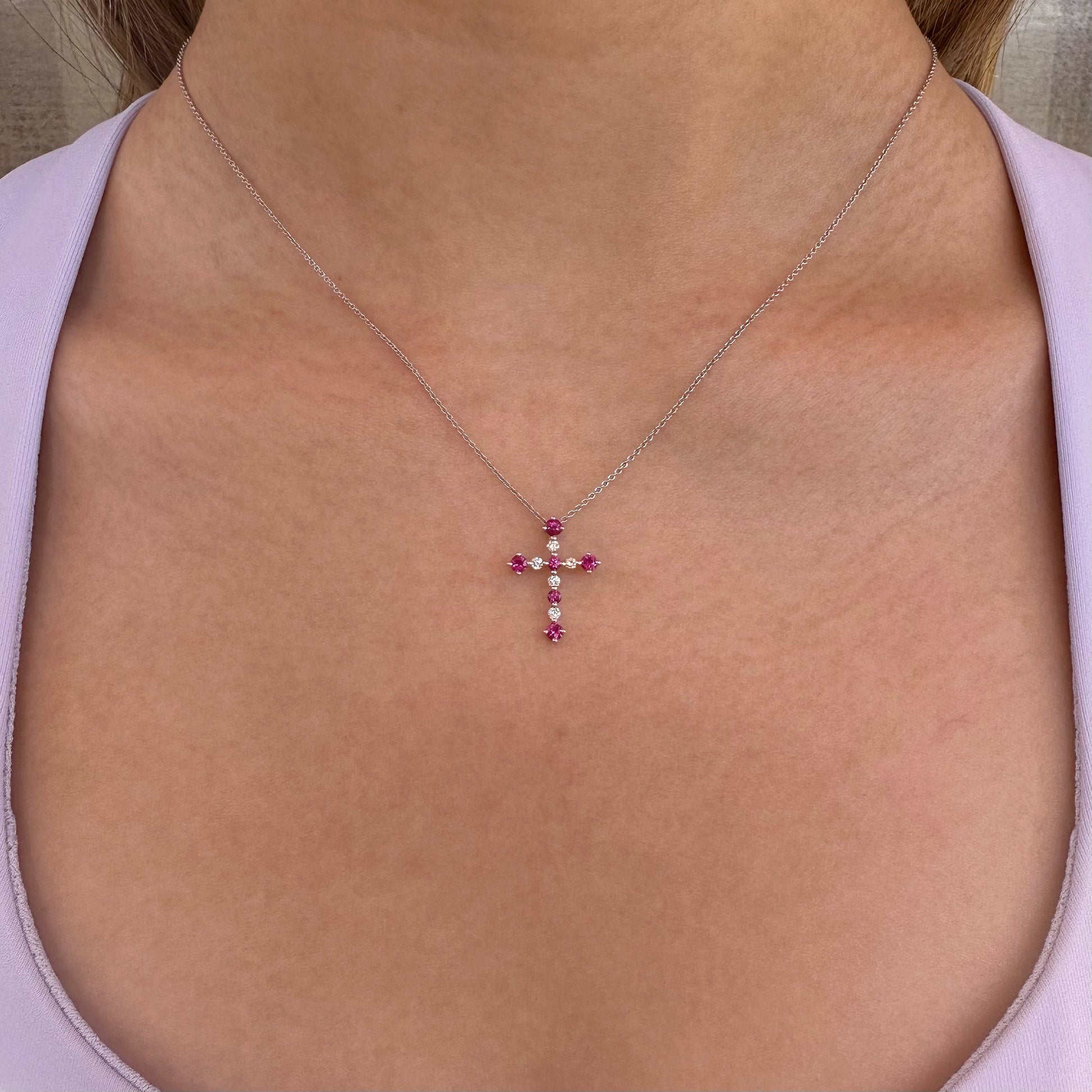 14K Solid Gold Genuine Ruby and Diamond Cross Pendant (pendant only)