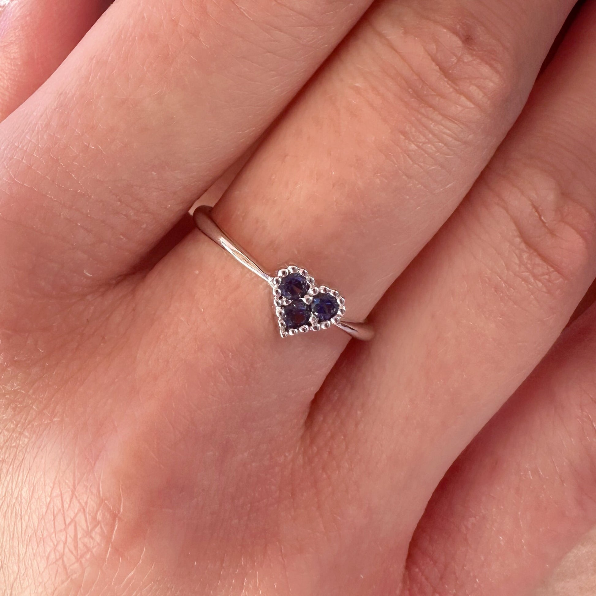 14K Solid White Gold Sapphire Heart Ring