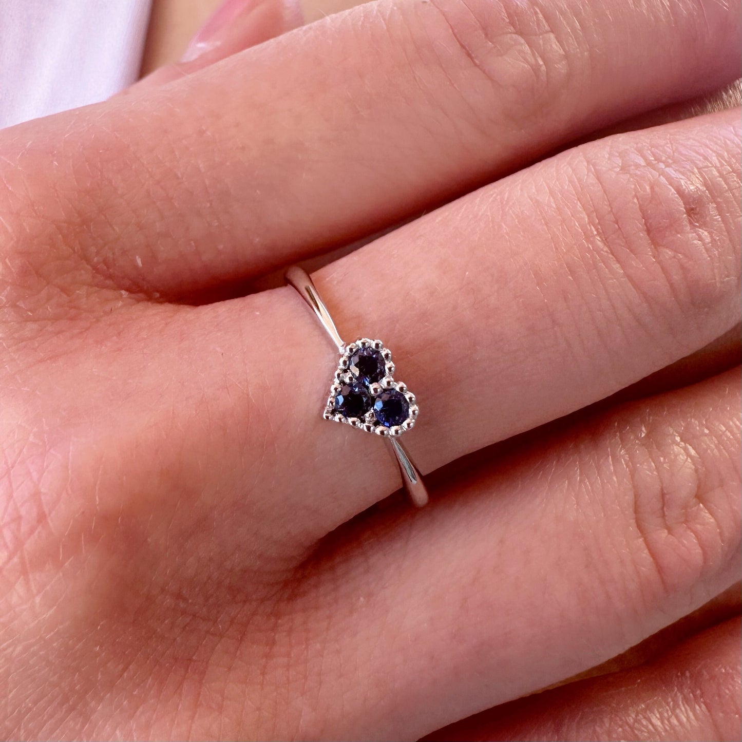 14K Solid White Gold Sapphire Heart Ring