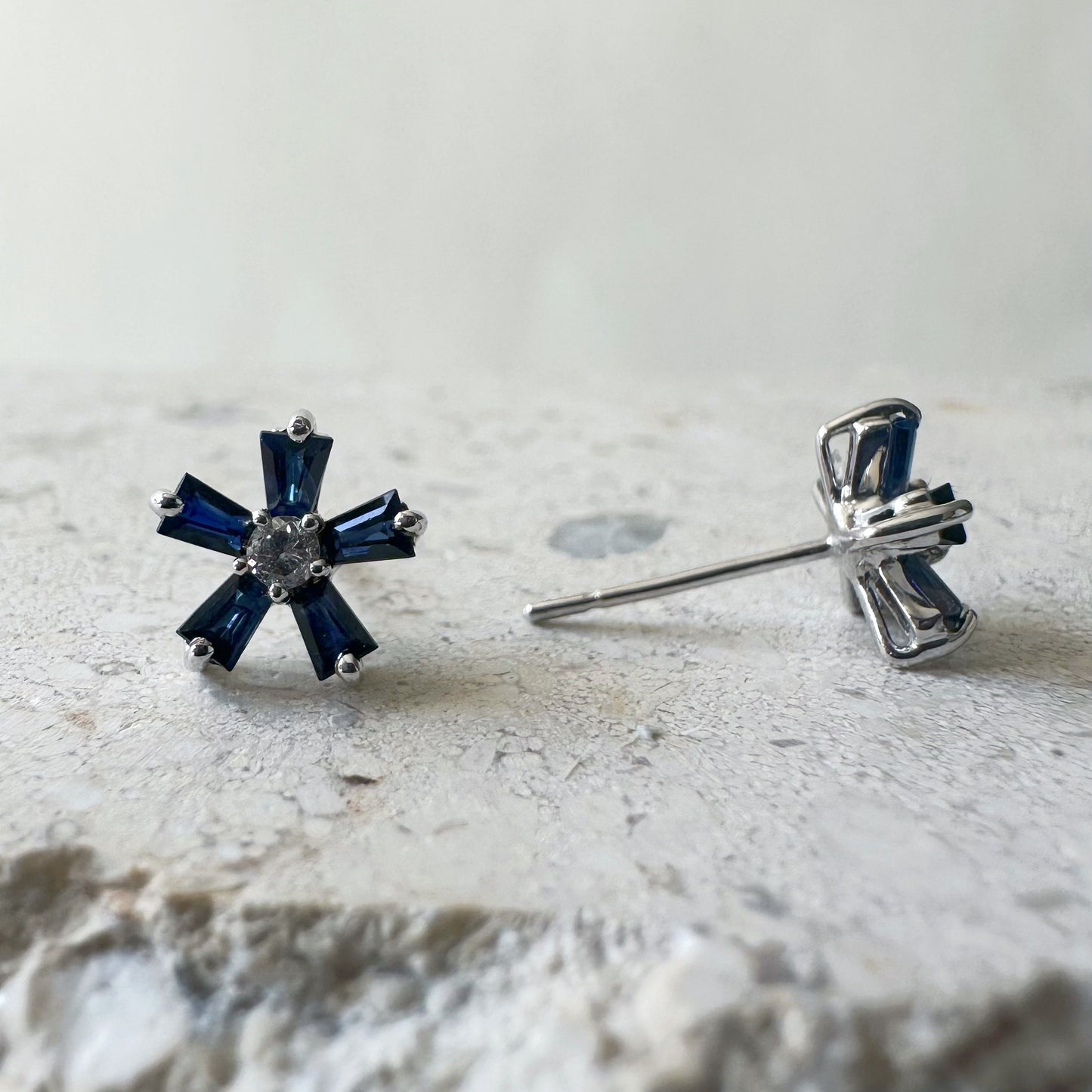 14K Solid White Gold Genuine Sapphire and Diamond Flower Studs/Pair