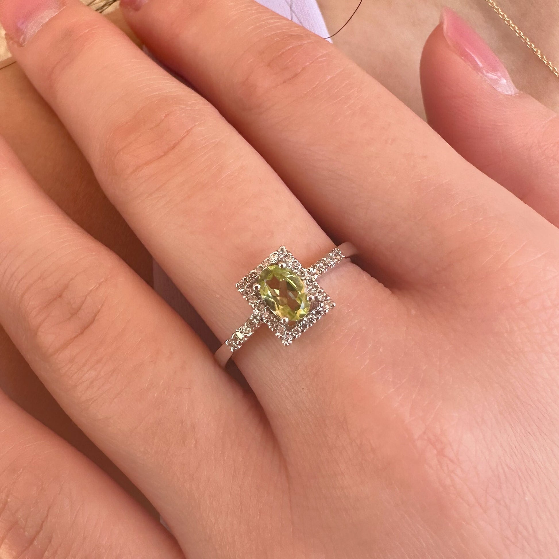 14K Solid White Gold Peridot and Diamond Ring/Engagement Ring/Promise Ring