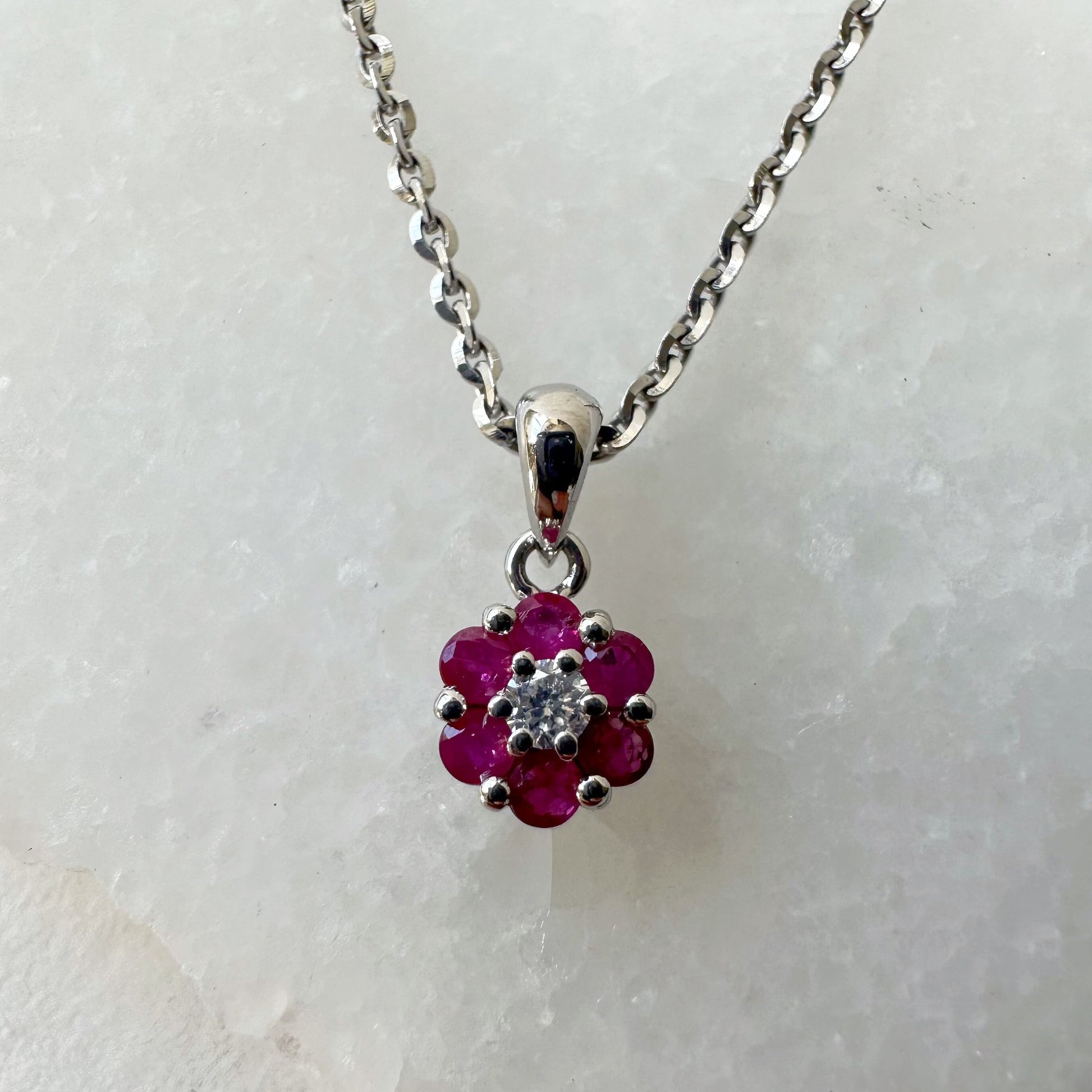 14K Solid Gold Genuine Ruby and Diamond Flower Pendant (pendant only)