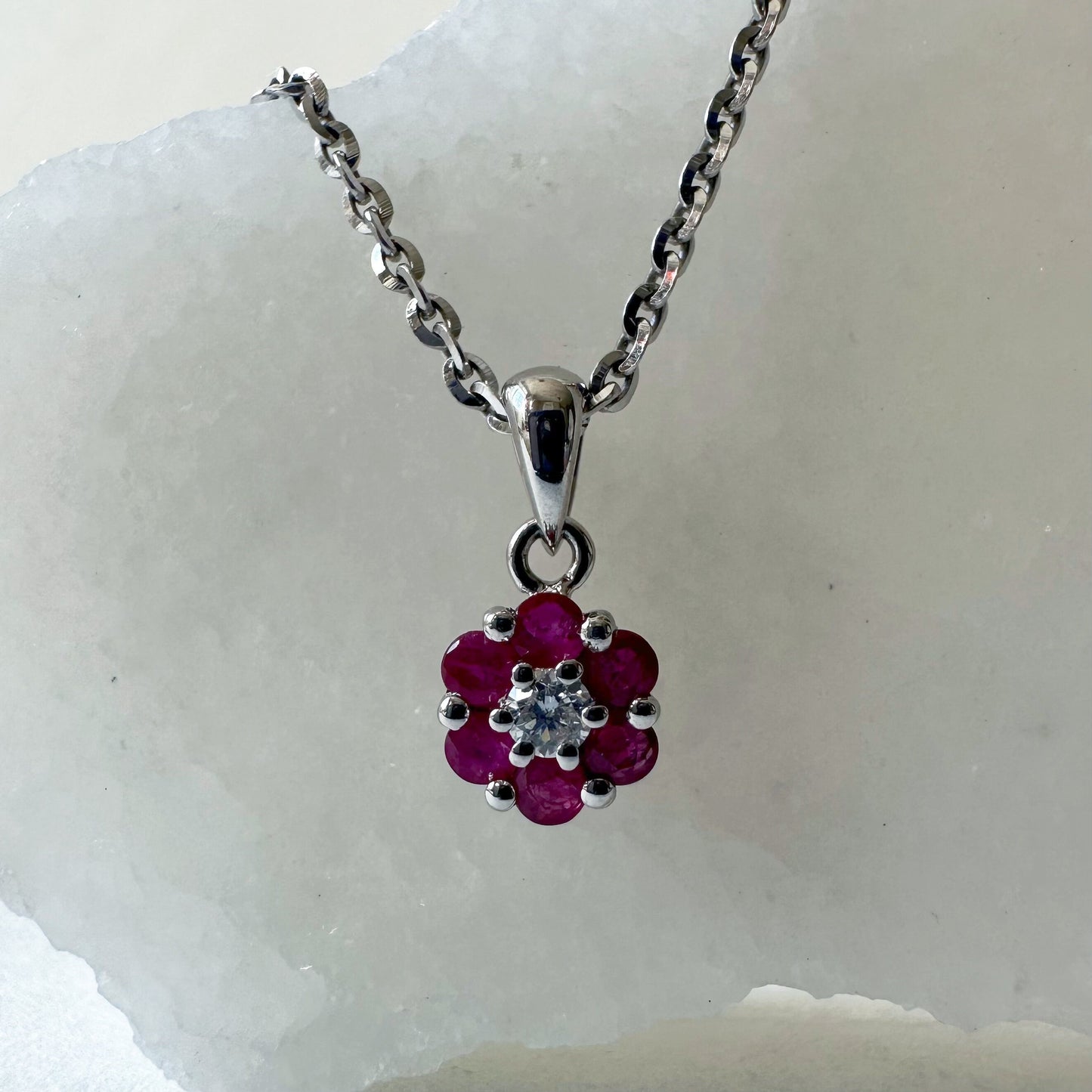 14K Solid Gold Genuine Ruby and Diamond Flower Pendant (pendant only)