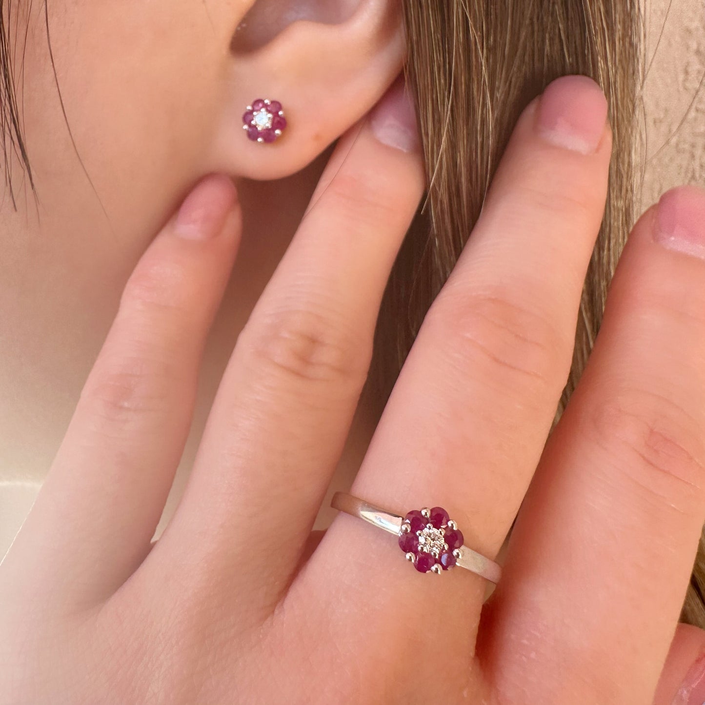 14K Solid Gold Genuine Ruby and Diamond Flower Ring