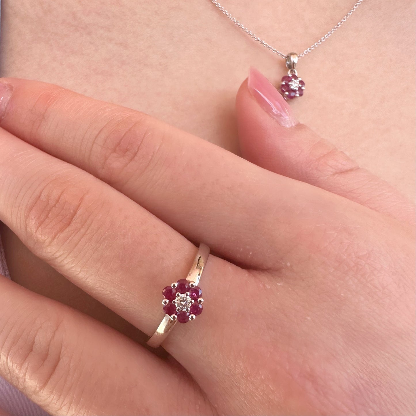 14K Solid Gold Genuine Ruby and Diamond Flower Ring