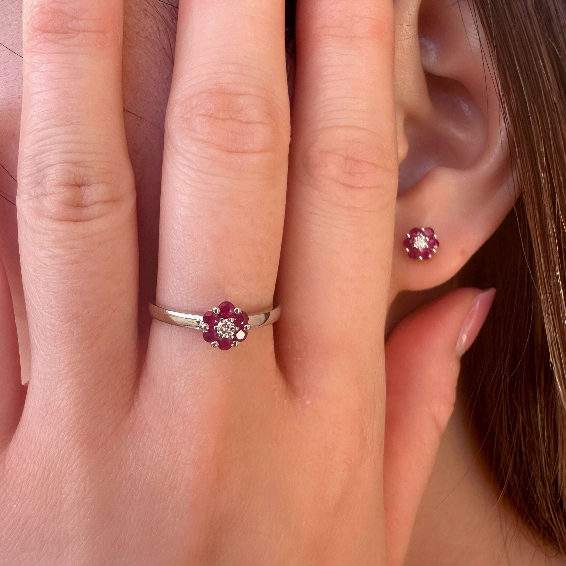 14K Solid Gold Genuine Ruby and Diamond Flower Ring