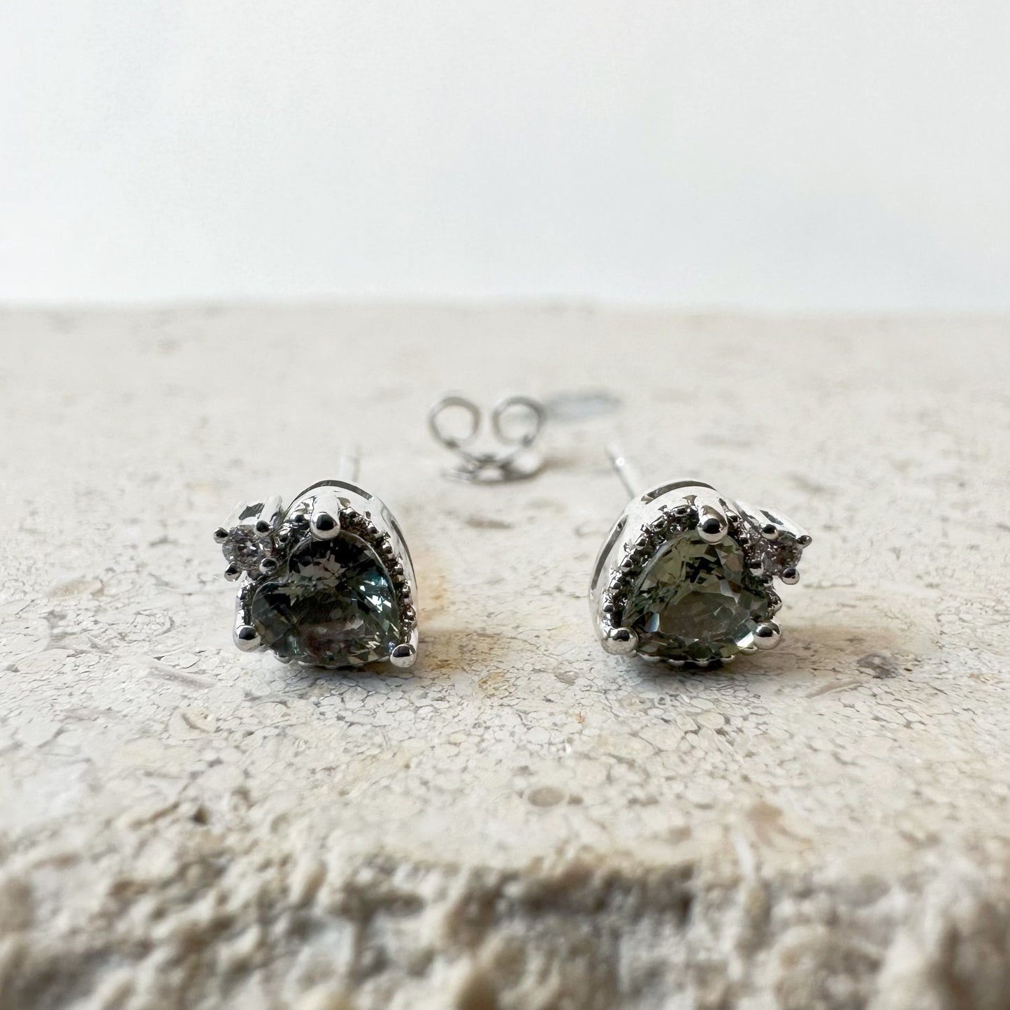 14K Solid Gold Genuine Green Sapphire Heart Studs/Pair