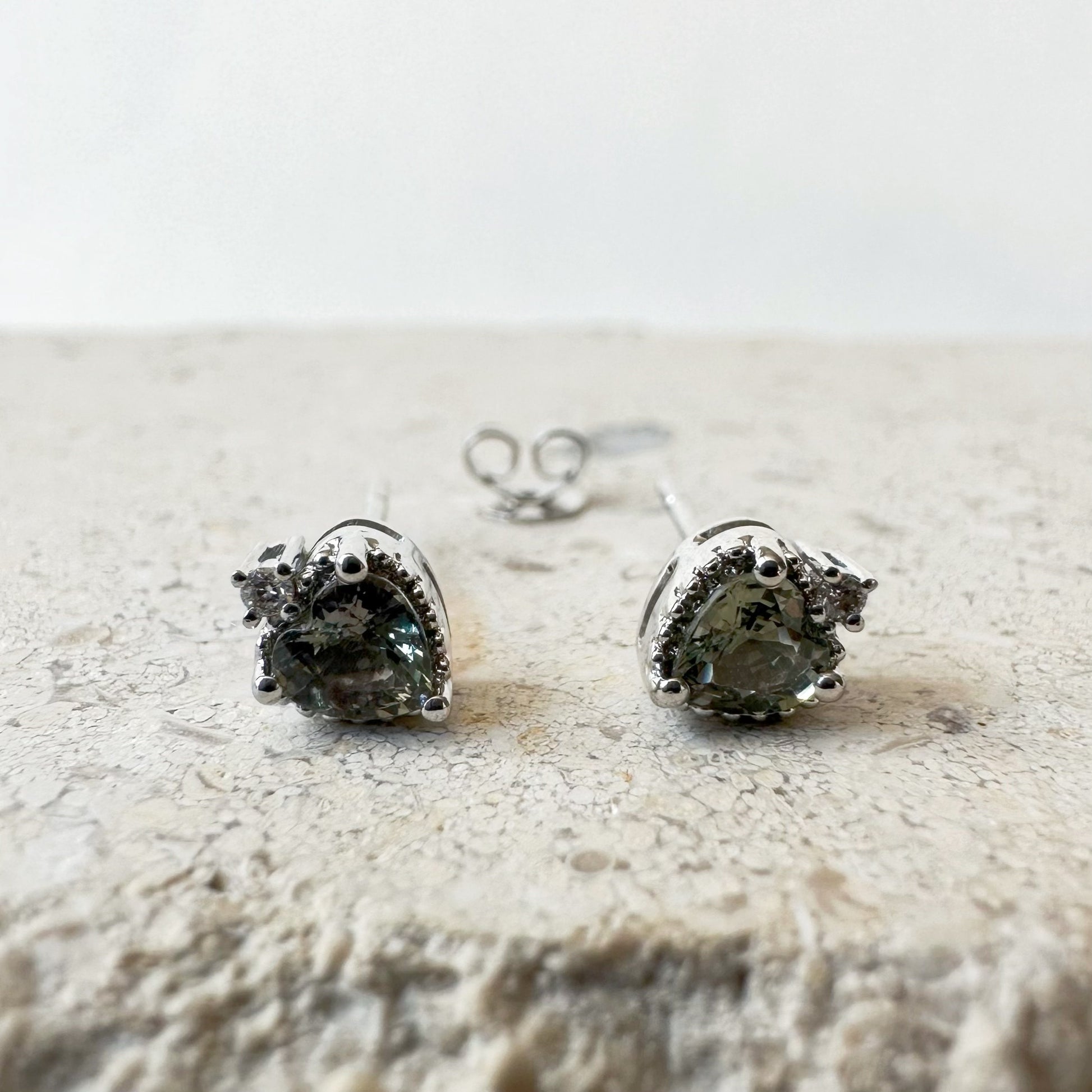 14K Solid Gold Genuine Green Sapphire Heart Studs/Pair