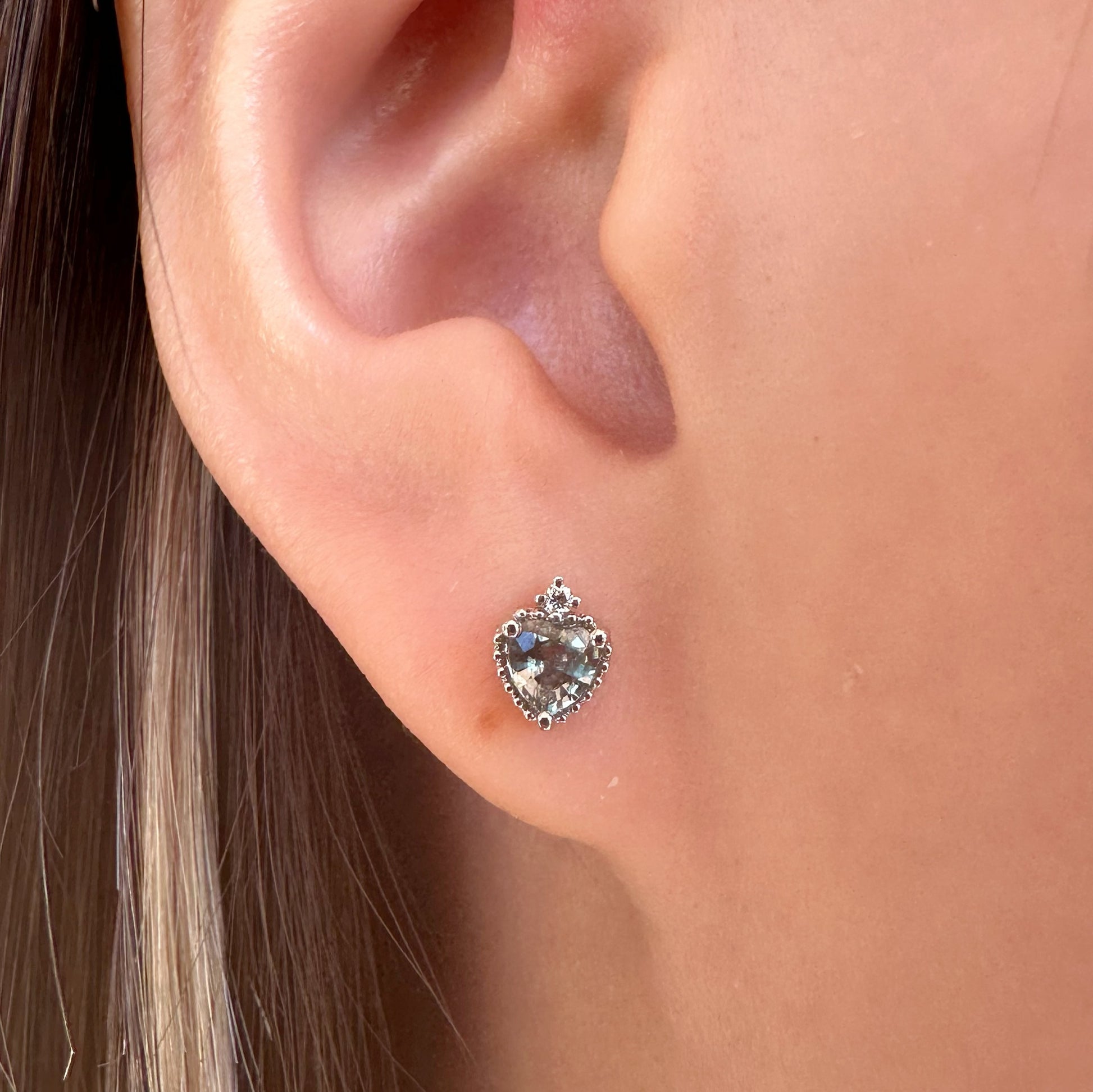14K Solid Gold Genuine Green Sapphire Heart Studs/Pair