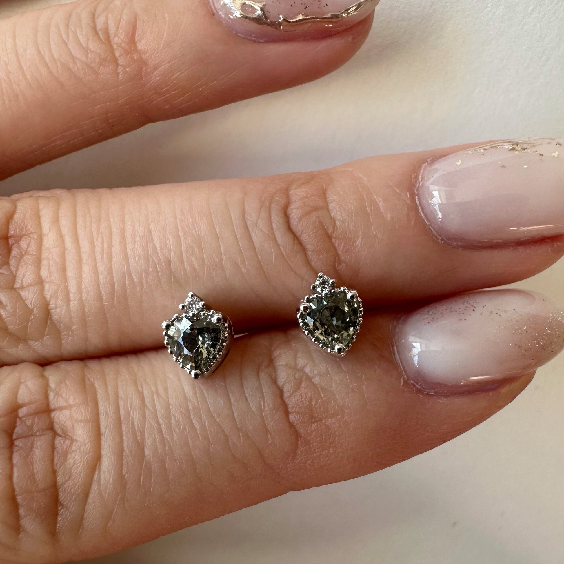 14K Solid Gold Genuine Green Sapphire Heart Studs/Pair