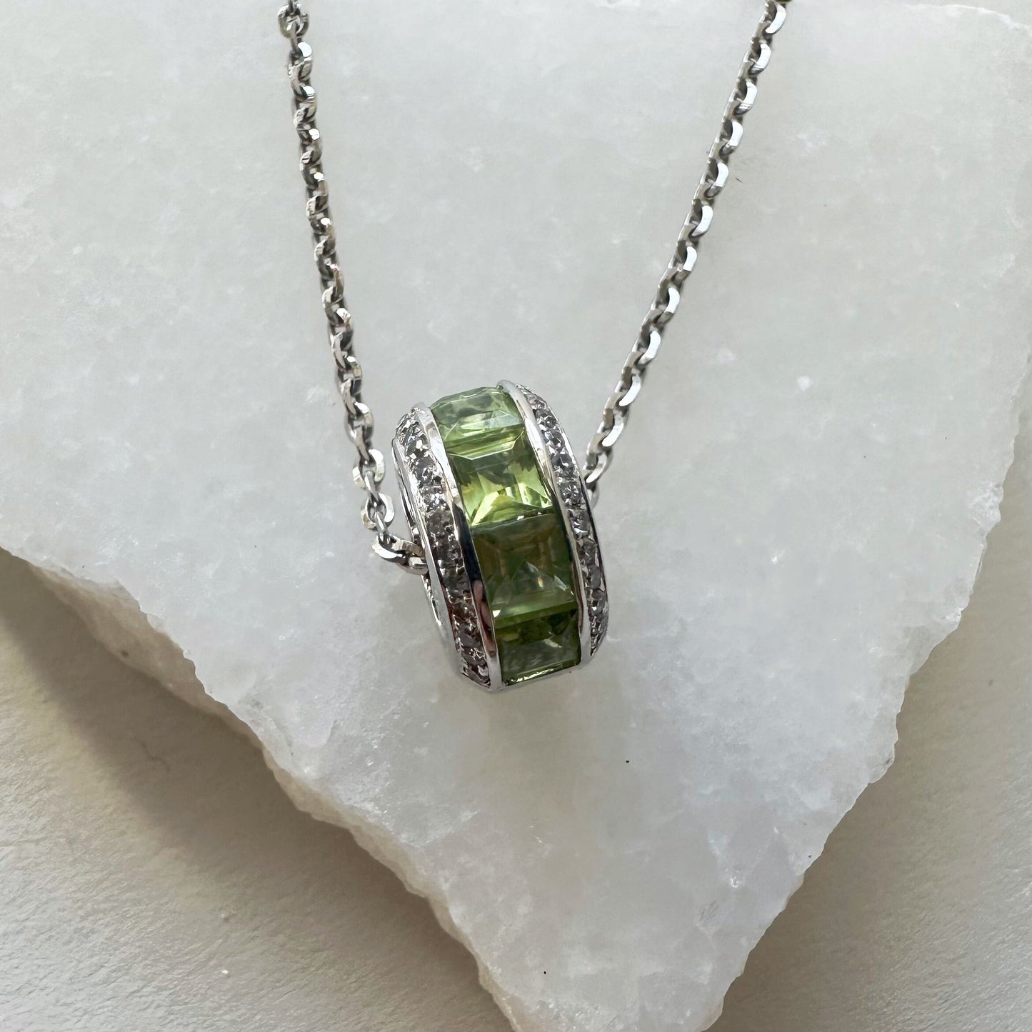 18K Solid Gold Genuine Peridot and Diamond Barrel Pendant (pendant only)