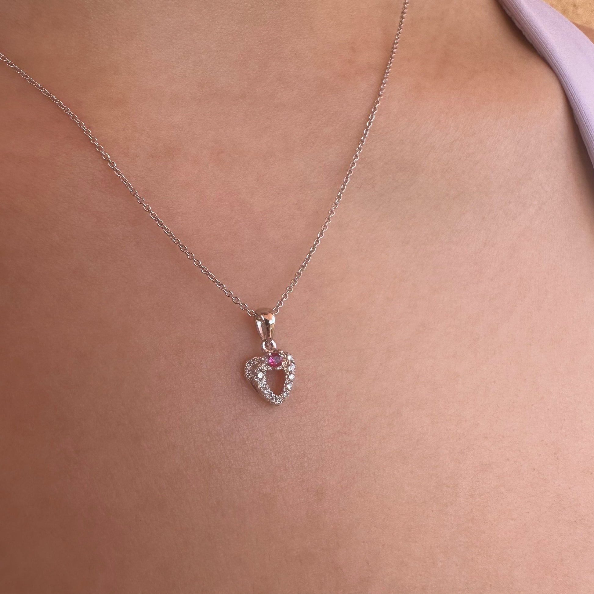 18K Solid White Gold Genuine Ruby and Diamond Heart Pendant (pendant only)