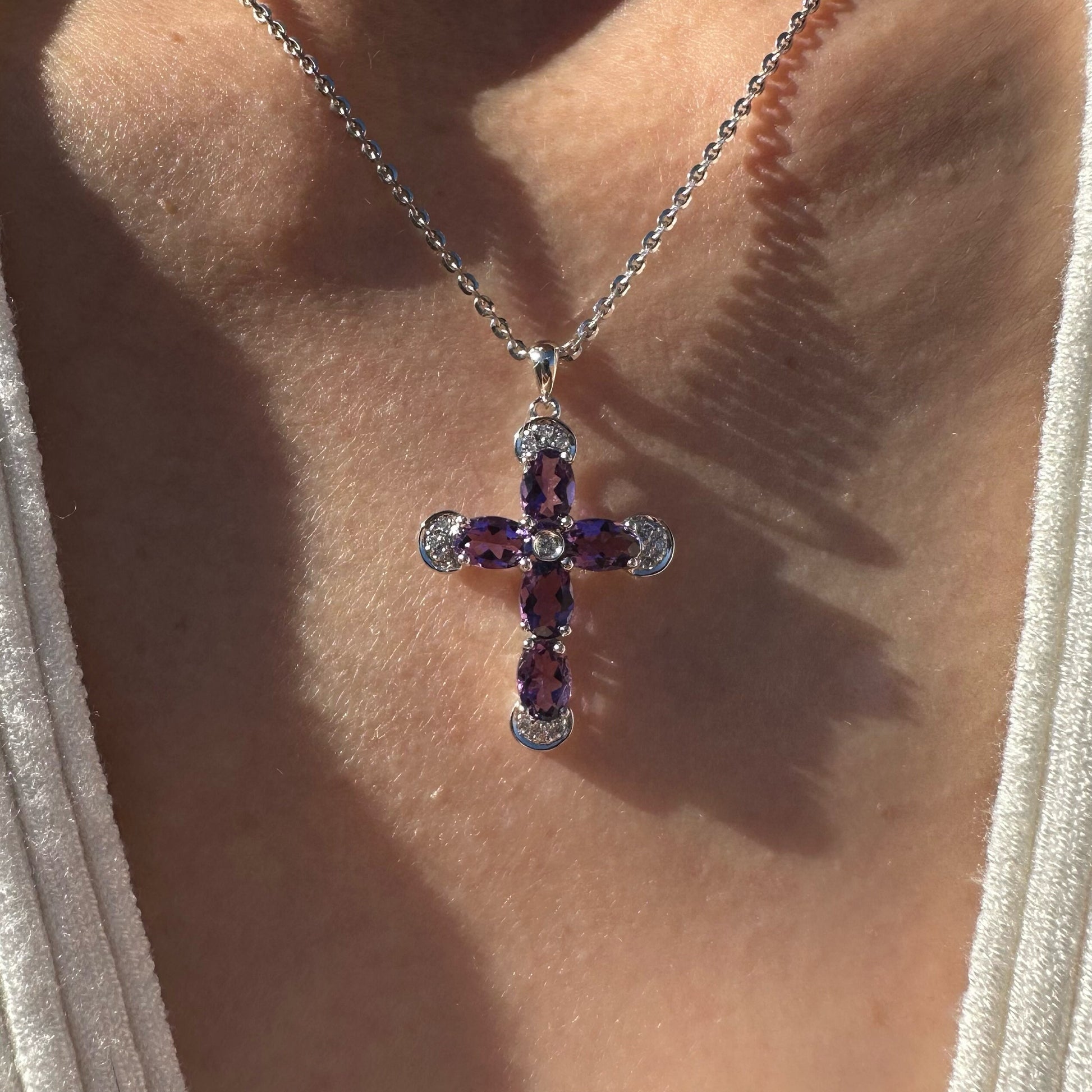 14K Solid Gold Genuine Amethyst and Diamond Cross Pendant (pendant only)