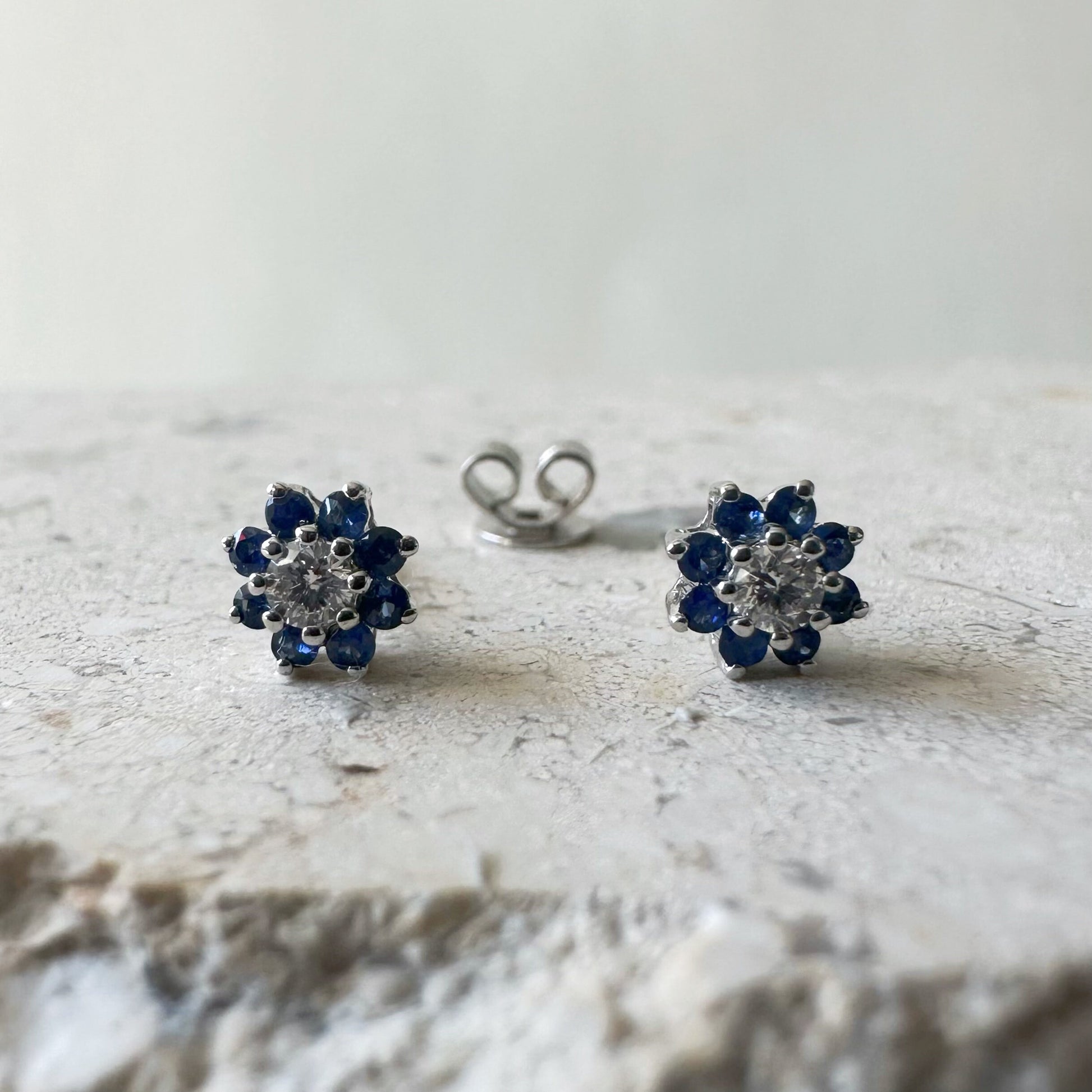 14K Solid Gold Genuine Sapphire and Diamond Flower Studs (pair)