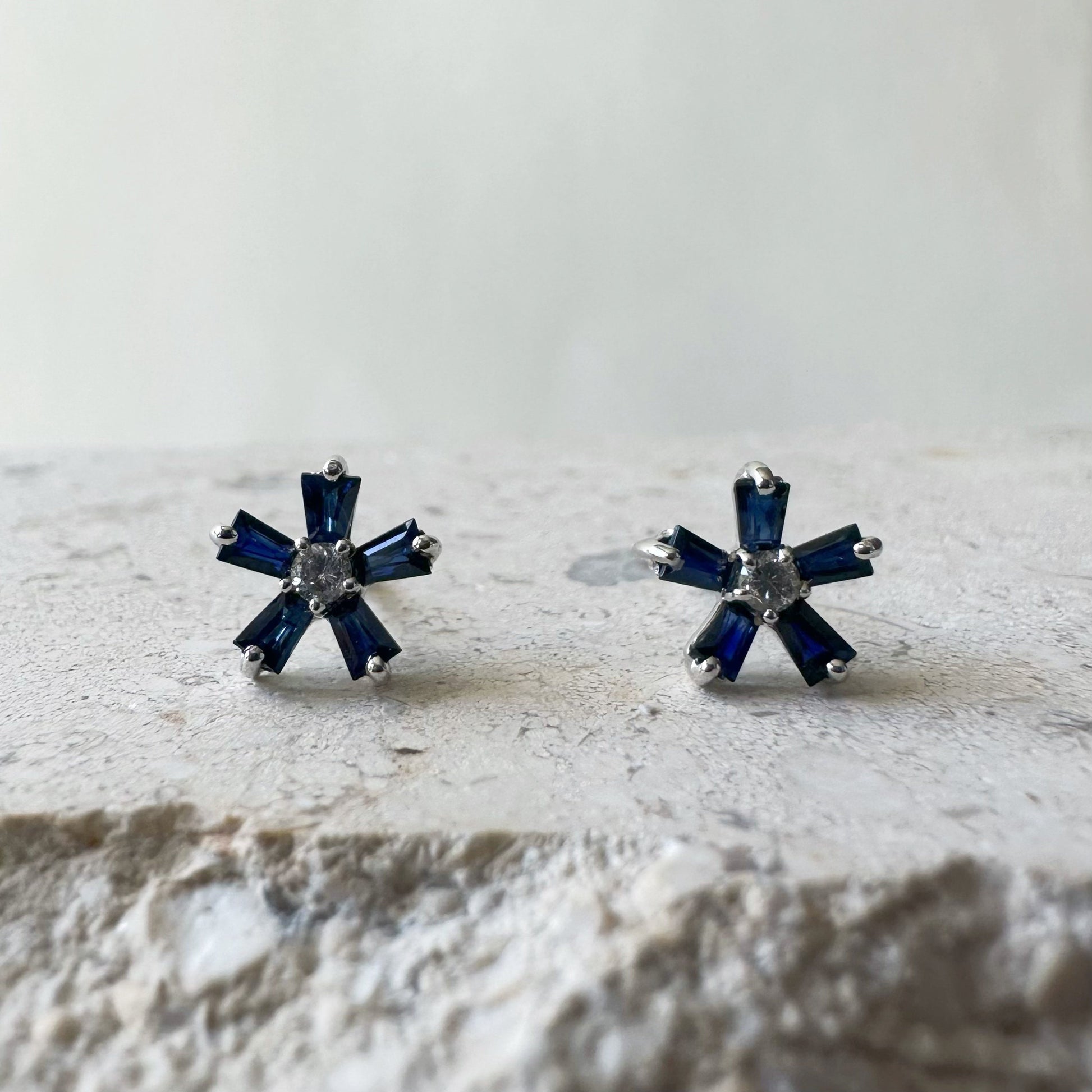 14K Solid White Gold Genuine Sapphire and Diamond Flower Studs/Pair