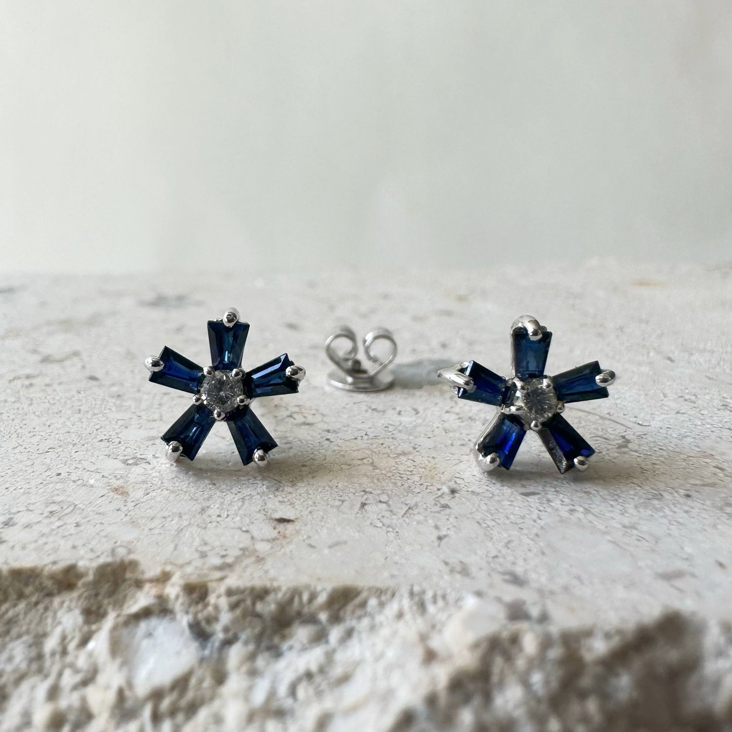 14K Solid White Gold Genuine Sapphire and Diamond Flower Studs/Pair