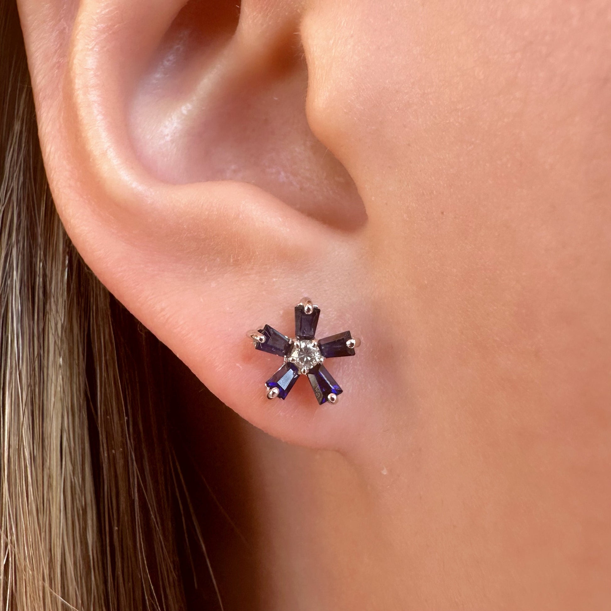 14K Solid White Gold Genuine Sapphire and Diamond Flower Studs/Pair