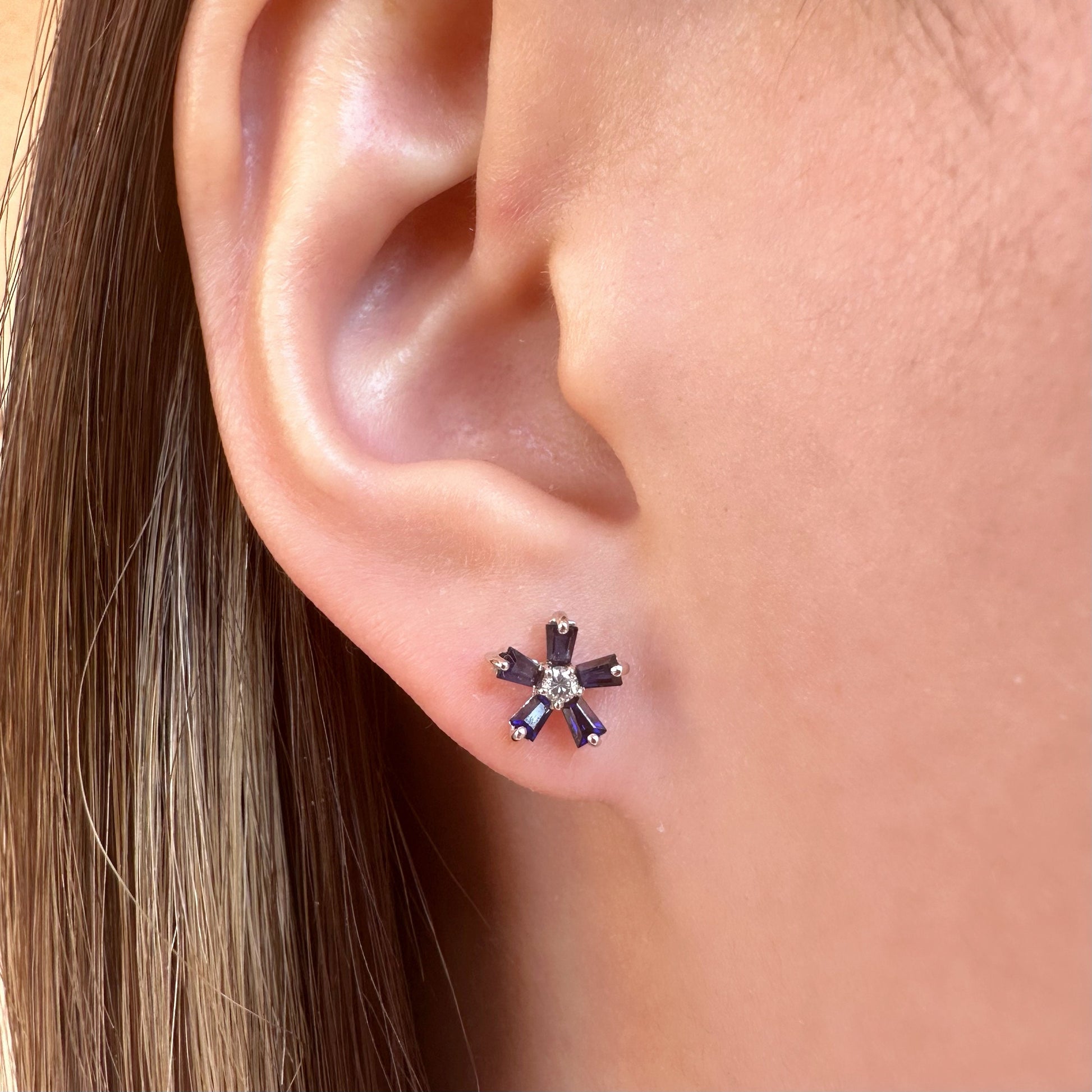 14K Solid White Gold Genuine Sapphire and Diamond Flower Studs/Pair