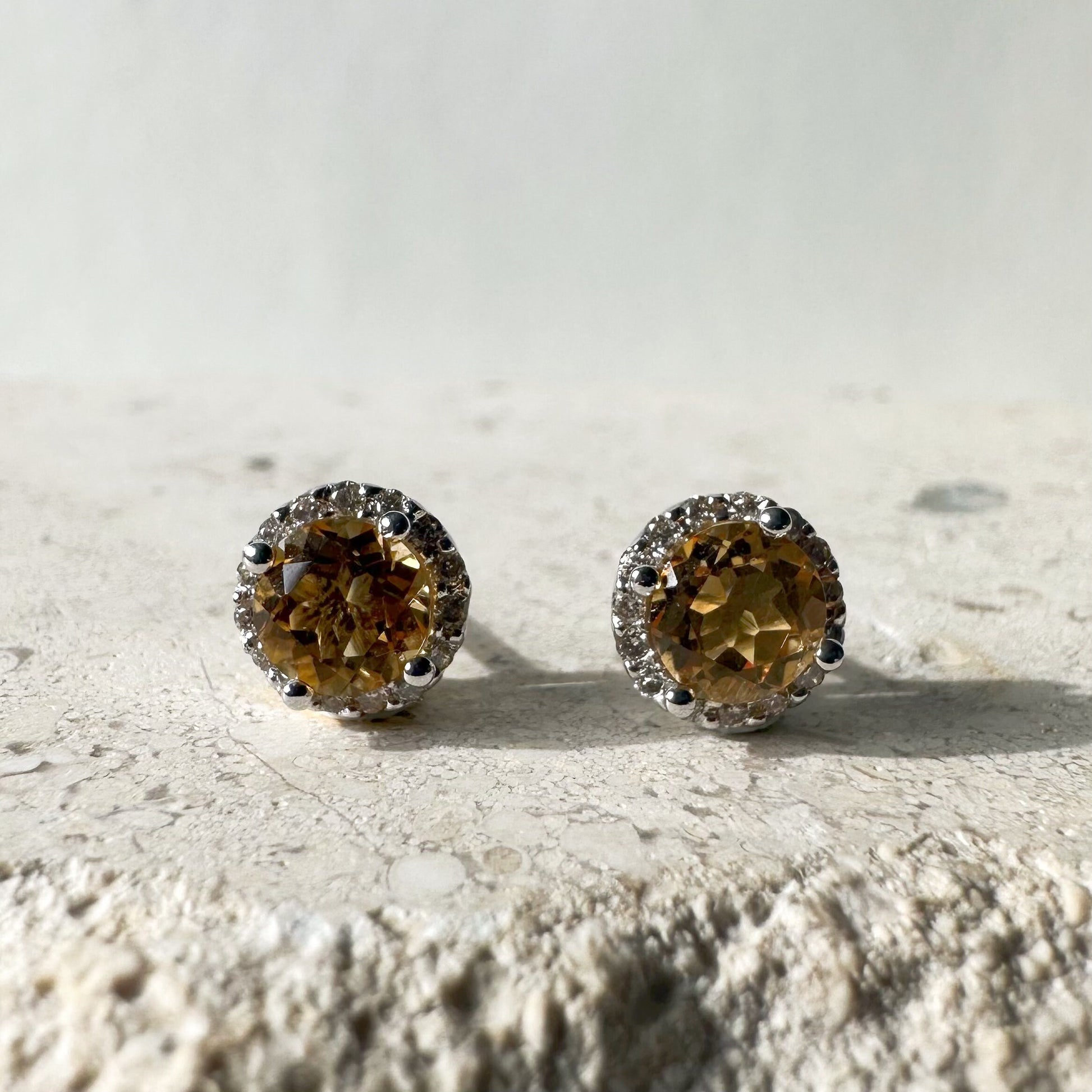 14K Solid White Gold Genuine Citrine and Diamond Studs/Pair