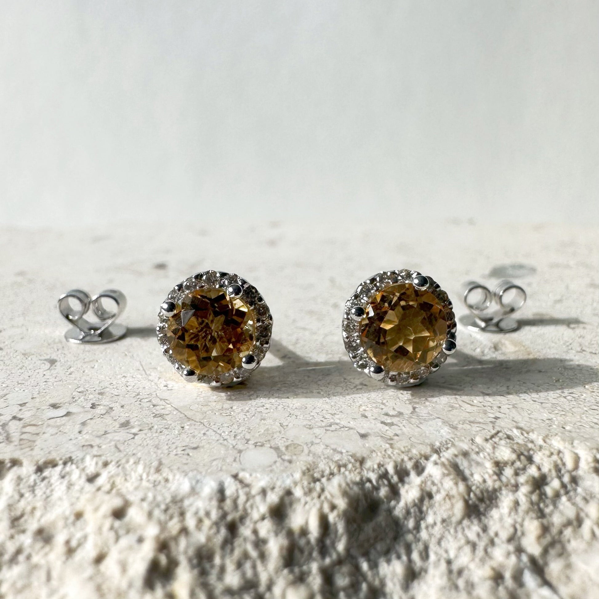 14K Solid White Gold Genuine Citrine and Diamond Studs/Pair