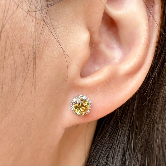 14K Solid White Gold Genuine Citrine and Diamond Studs/Pair