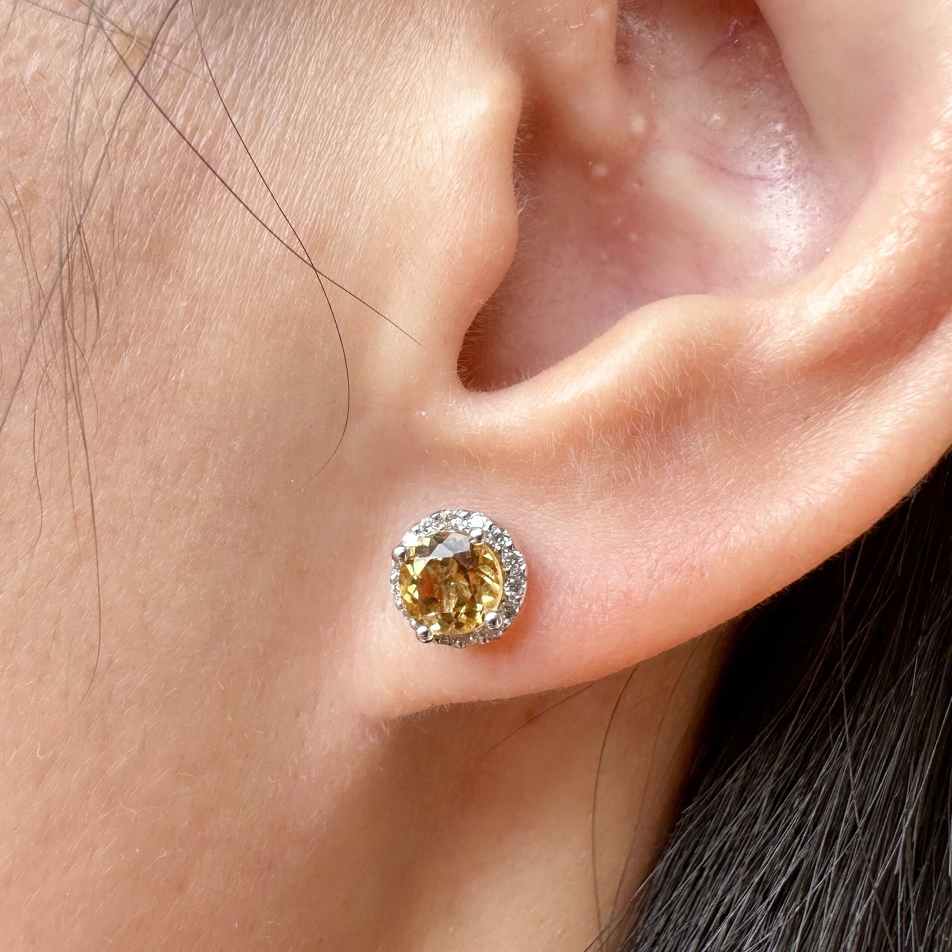 14K Solid White Gold Genuine Citrine and Diamond Studs/Pair