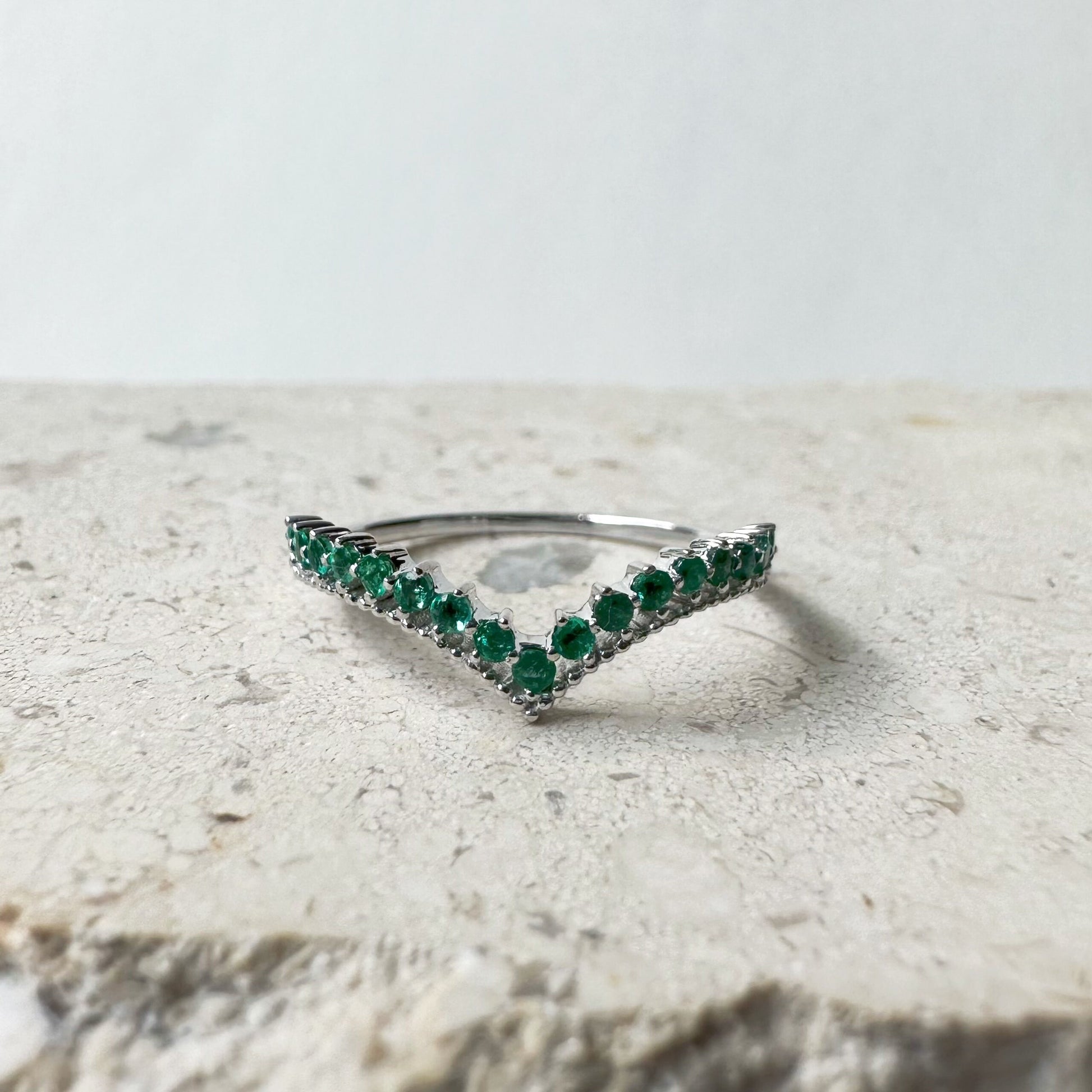 14K Solid White Gold Genuine Emerald Chevron Ring