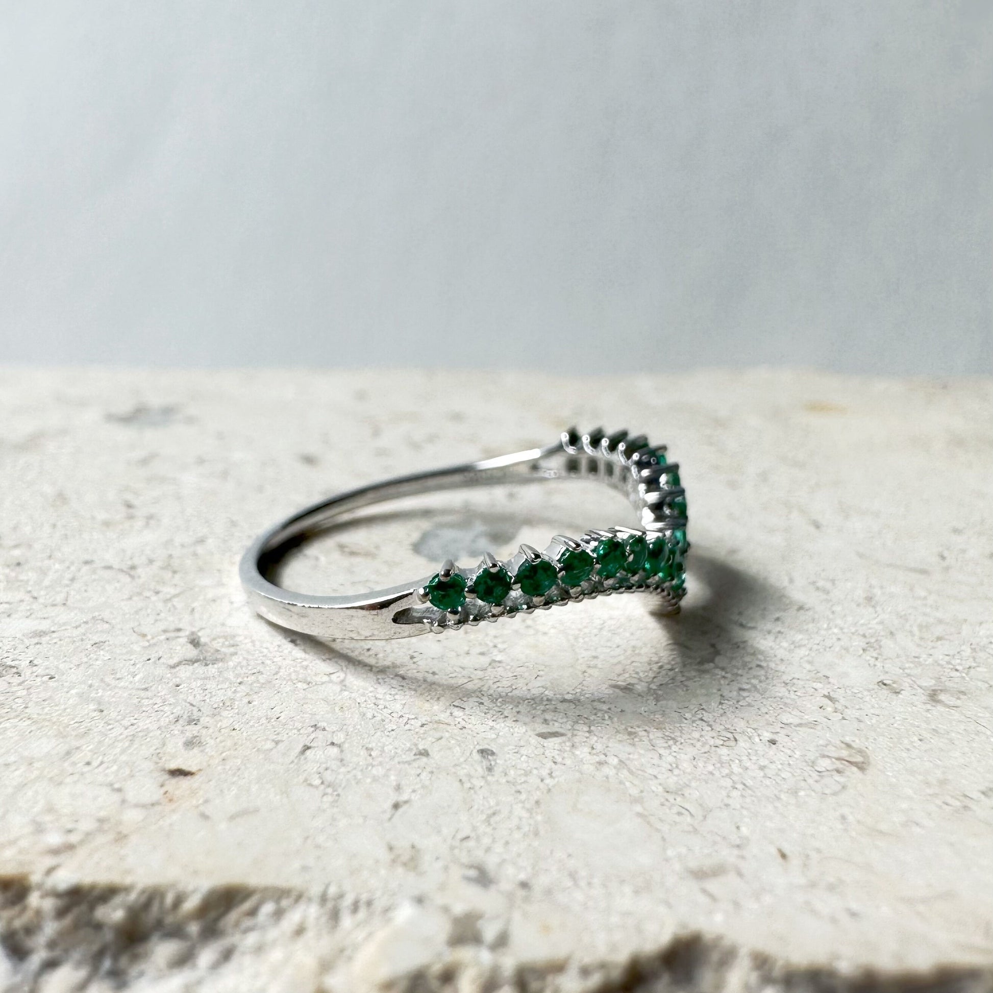 14K Solid White Gold Genuine Emerald Chevron Ring