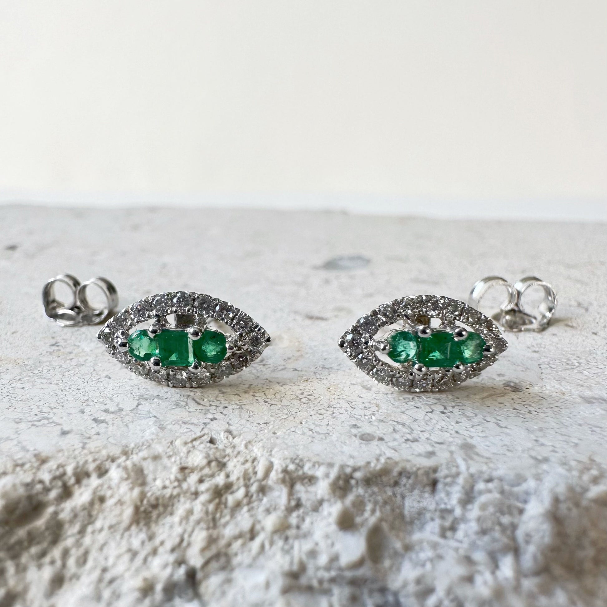 18K Solid Gold Genuine Emerald and Diamond Leaf Earrings/Pair