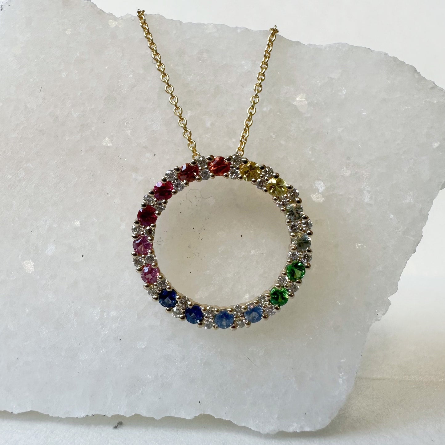 14K Solid Gold Genuine Rainbow Circle Pendant (pendant only)