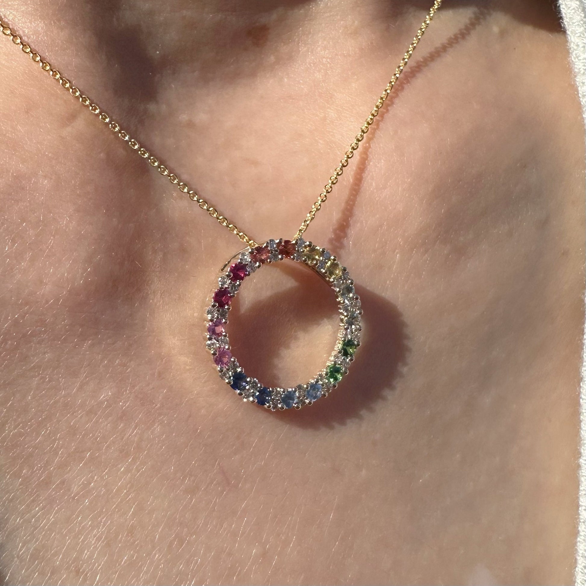 14K Solid Gold Genuine Rainbow Circle Pendant (pendant only)