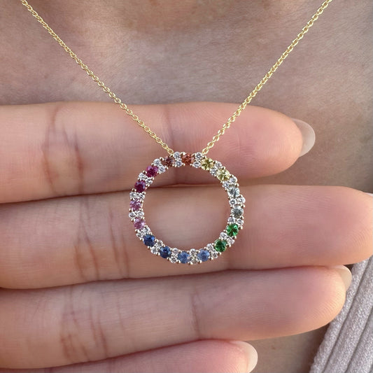 14K Solid Gold Genuine Rainbow Circle Pendant (pendant only)