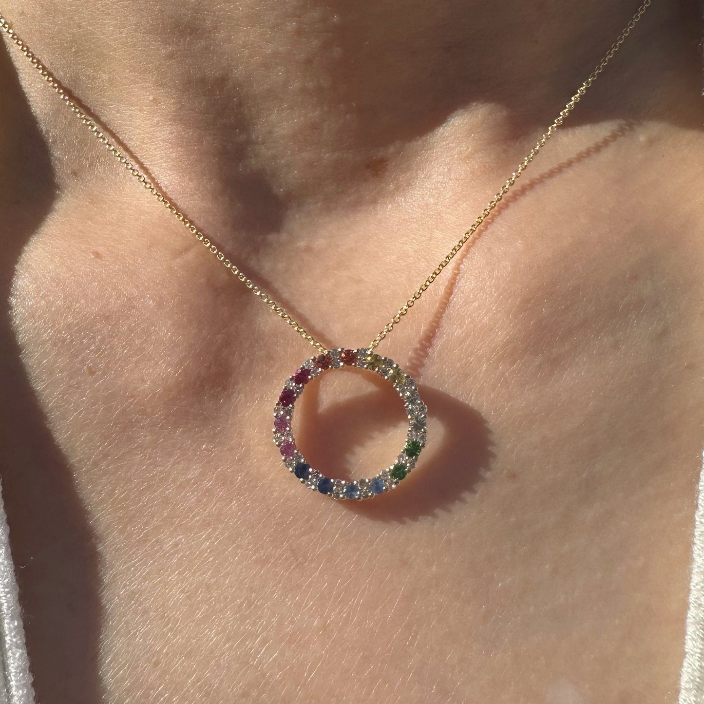 14K Solid Gold Genuine Rainbow Circle Pendant (pendant only)