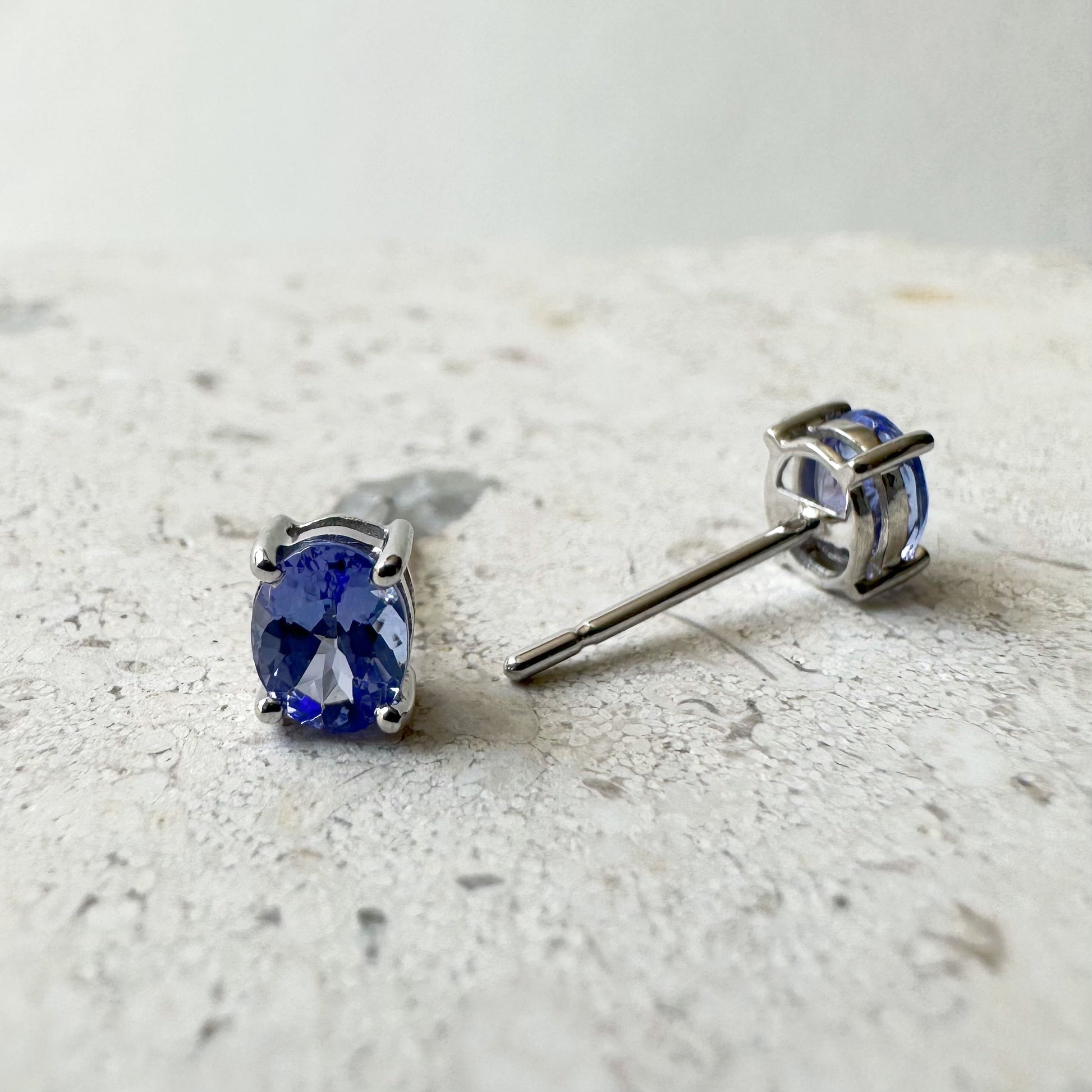 14K Solid Gold Genuine Tanzanite Oval Studs/Pair