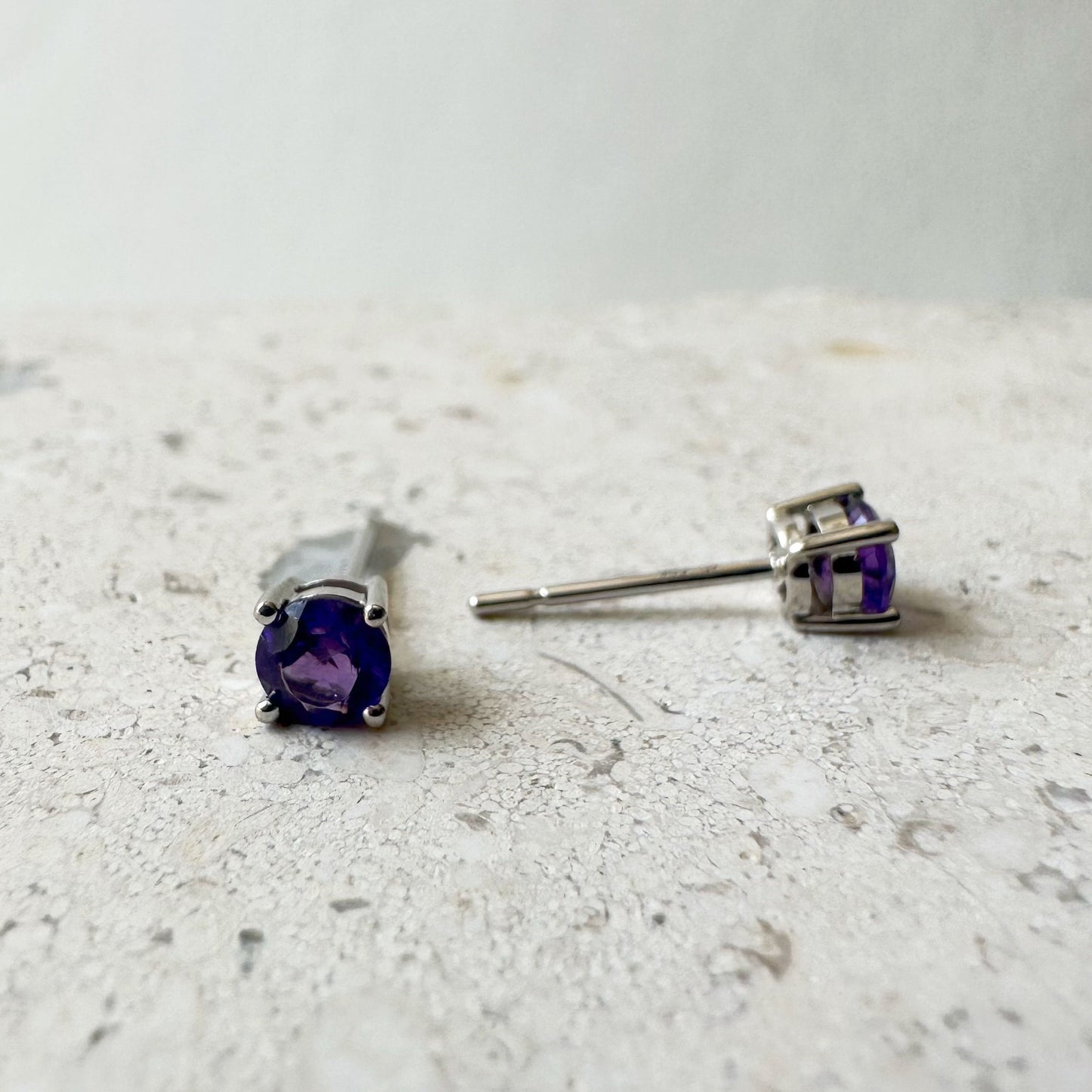 14K Solid Gold Genuine 4mm Amethyst Round Studs/Pair