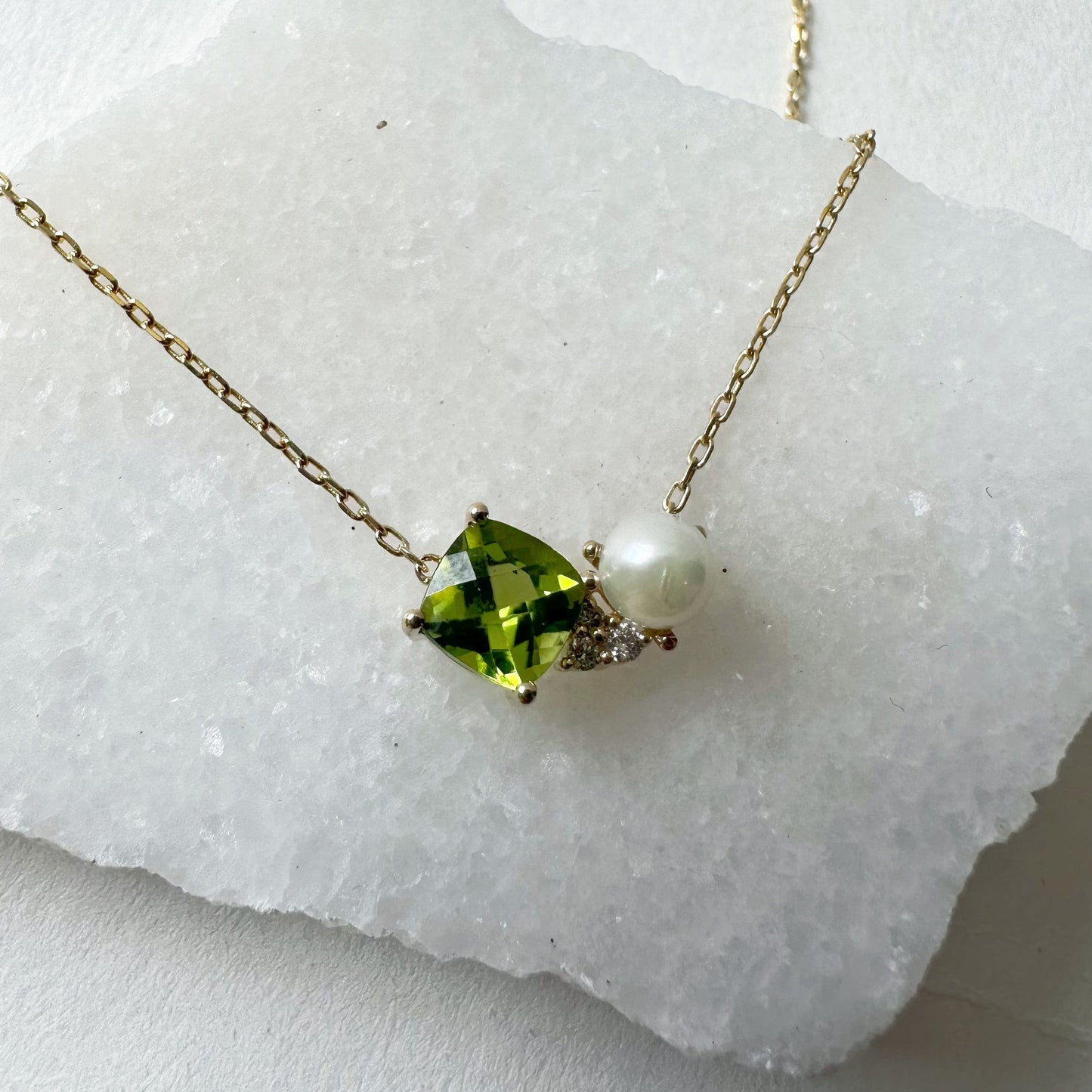 14K Solid Gold Genuine Peridot, Pearl and Diamond Cluster Necklace