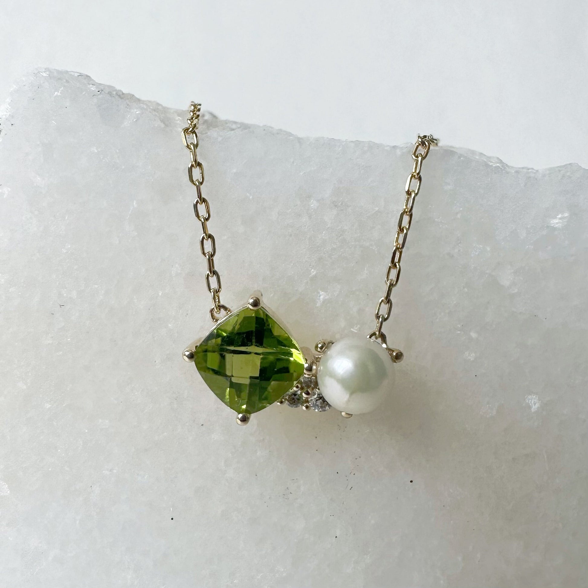 14K Solid Gold Genuine Peridot, Pearl and Diamond Cluster Necklace