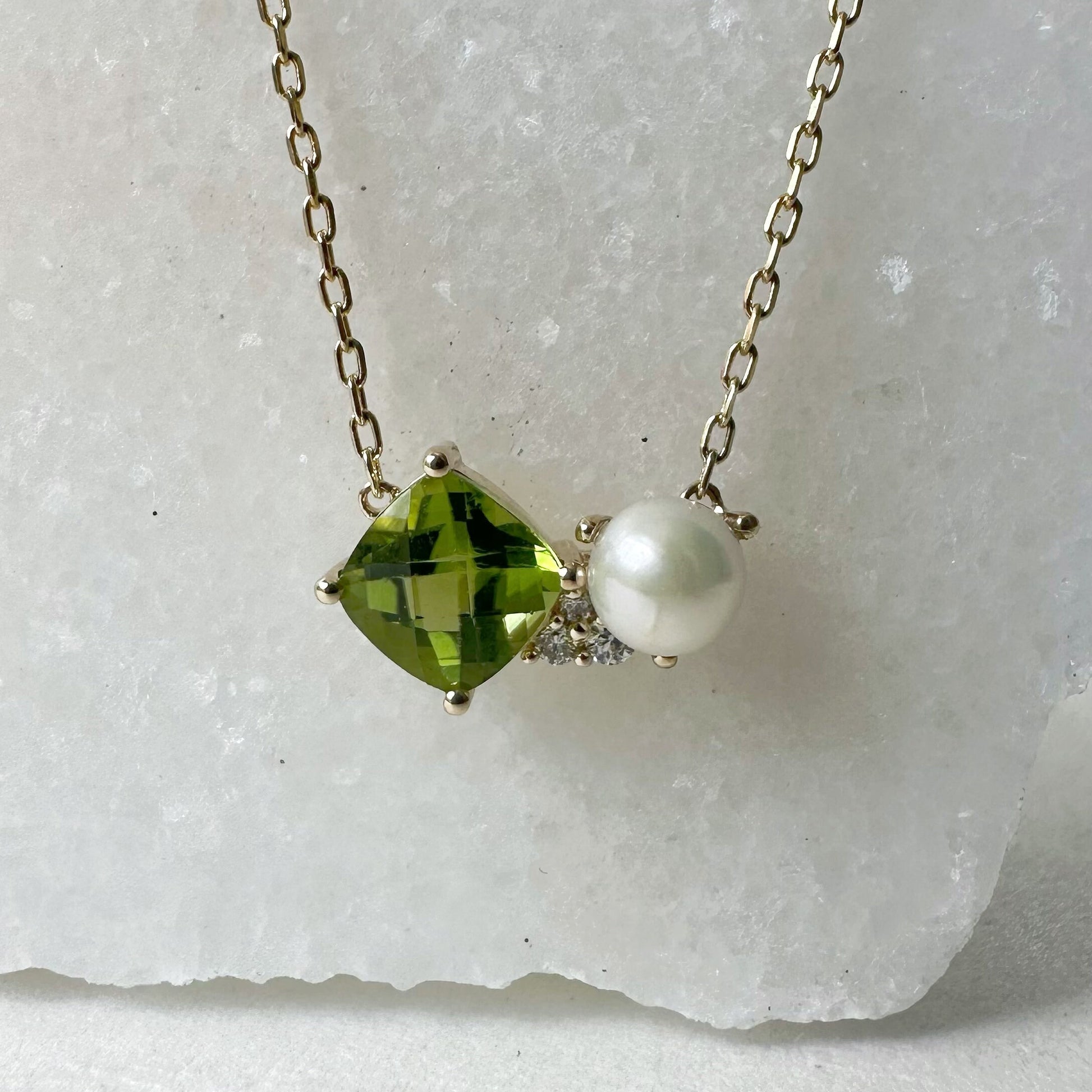 14K Solid Gold Genuine Peridot, Pearl and Diamond Cluster Necklace