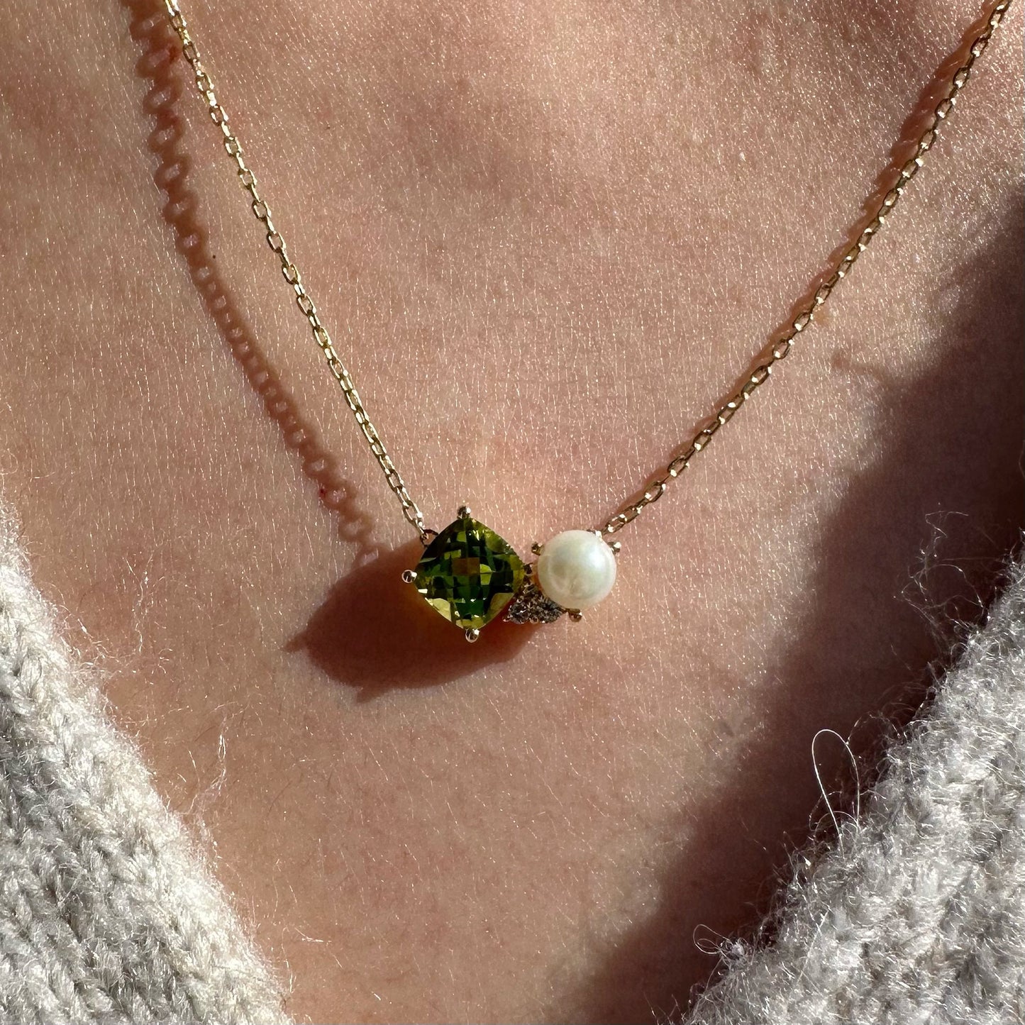 14K Solid Gold Genuine Peridot, Pearl and Diamond Cluster Necklace