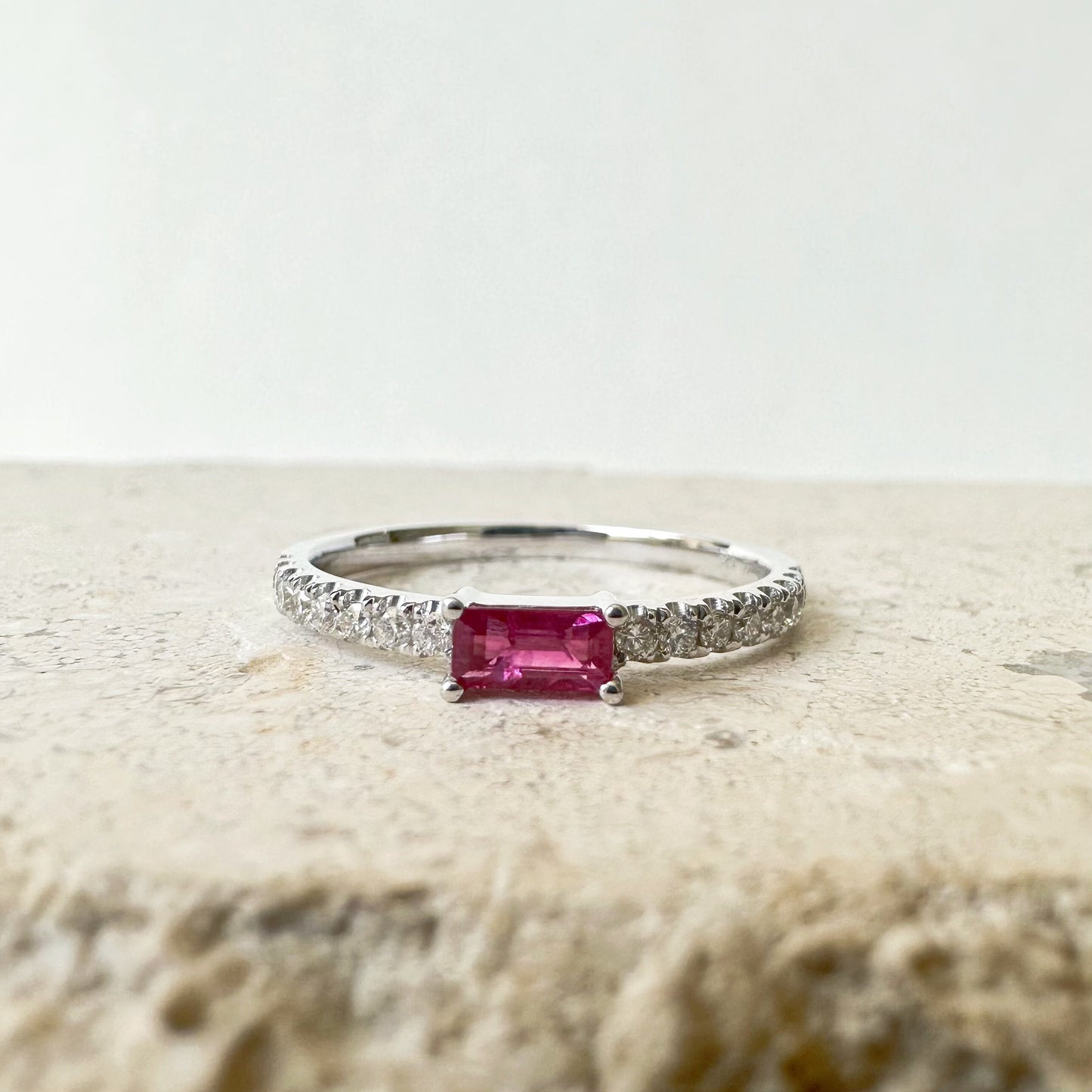 14K Solid Gold Genuine Baguette Ruby and Diamond Ring